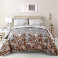 Wongs Bedding Brown Floral Quilt Set King Size,3 Pieces Botancal Leaves Bedspread Coverlet Set With 2 Pillowcases For All Season