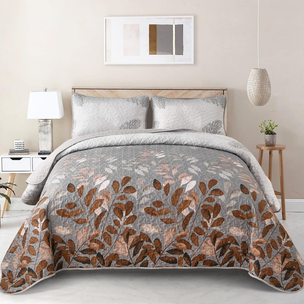 Wongs Bedding Brown Floral Quilt Set King Size,3 Pieces Botancal Leaves Bedspread Coverlet Set With 2 Pillowcases For All Season