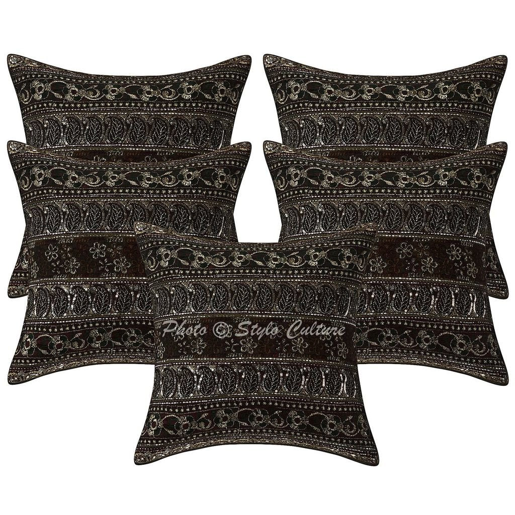 Cotton Zari Embroidered Maroon 16X16 Ethnic Cushion Cover Decorative Floral Square Set Of 5