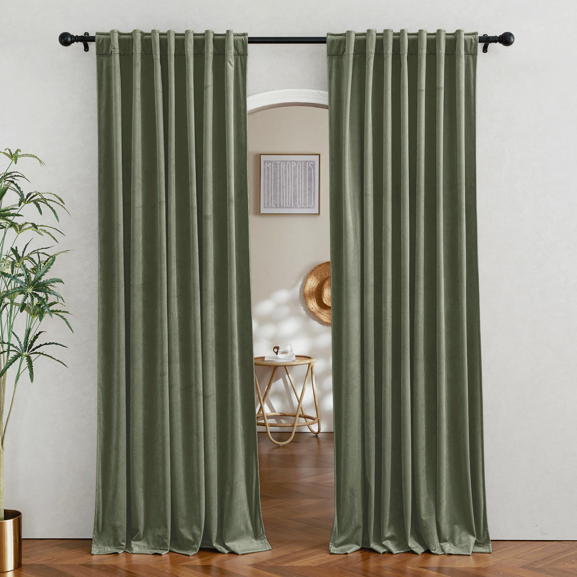 Ryb Home Velvet Blackout Curtains For Bedroom - Super Soft Room Darkening Curtains Thermal Insulated Drapes Heat Block Window Panels For Living Room, Wide 62 X Long 84, Sage Green, 2 Panels