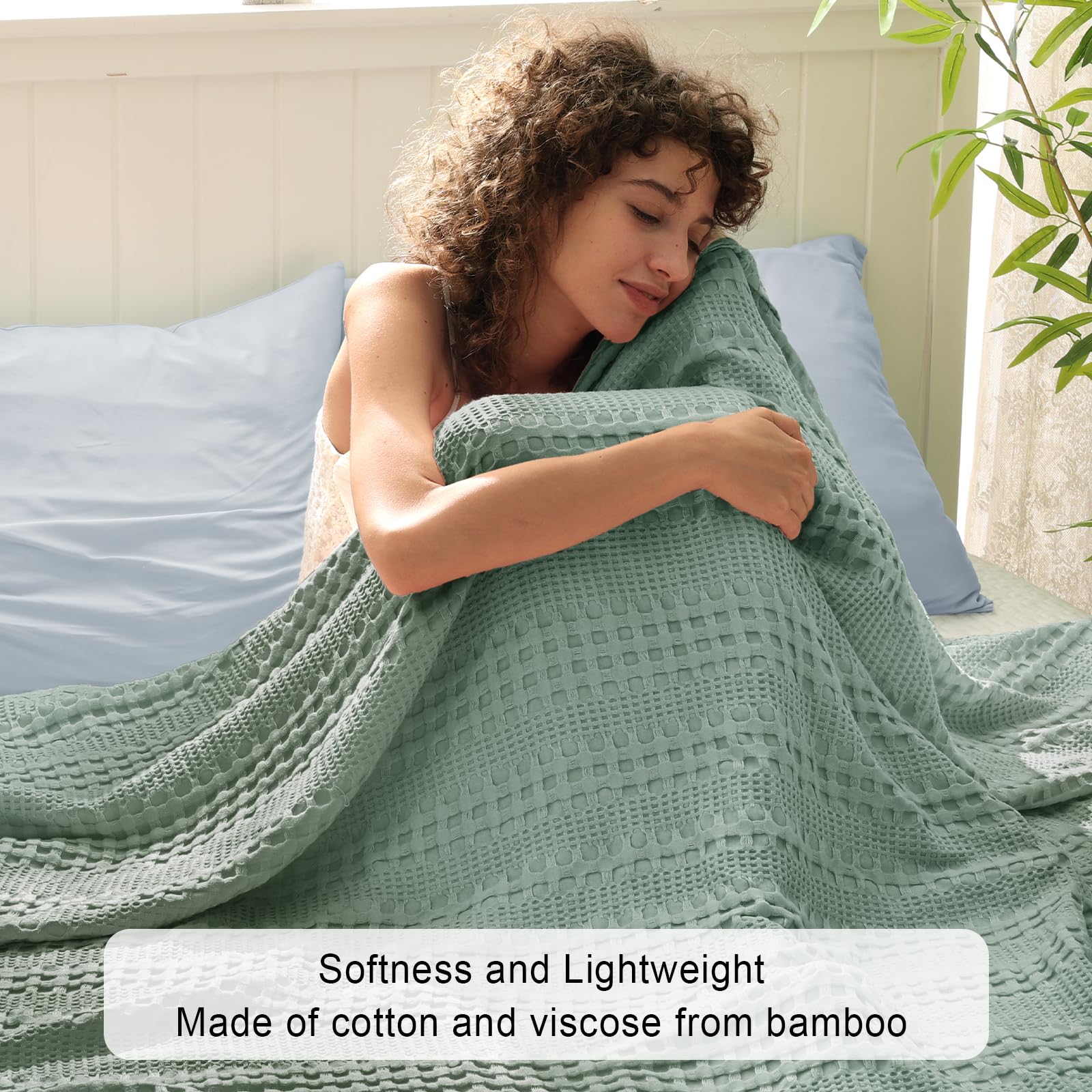 Phf Cooling Waffle Blanket Queen Size, Lightweight 60% Rayon Derived From Bamboo & 40% Cotton Breathable Blanket For Hot Sleepers, Soft And Luxury For Bed Couch And Sofa, 90'X90', Sage Green