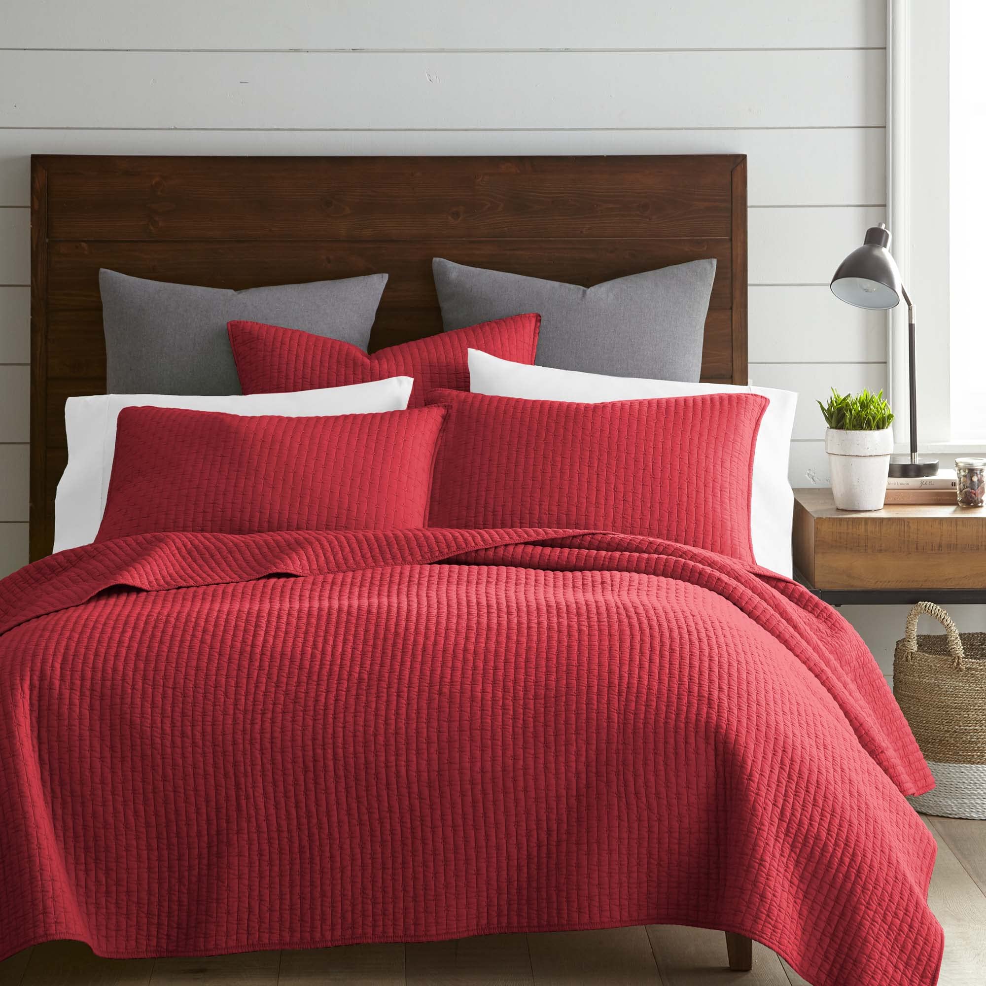 Levtex Home - Cross Stitch Chile Red Quilt Set - 100% Cotton - King/Cal King Quilt (106X92In.) + 2 King Shams (36X20In.) - Rever