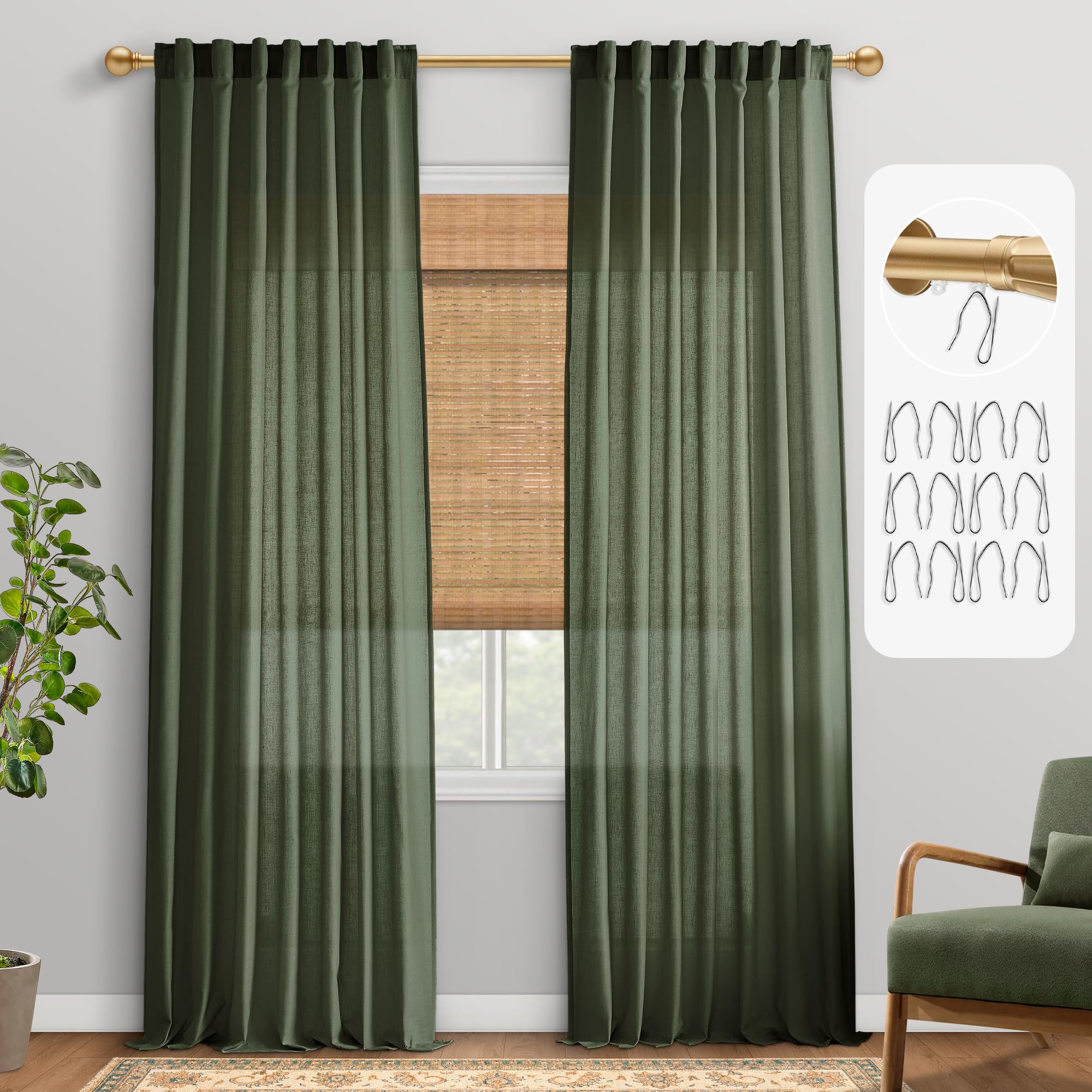 PANELSBURG Linen Curtains 96 Inch 2 Panels Set for Living Room,Boho Olive Green Sheer Window Curtains 96 Inches Long for Bedroom