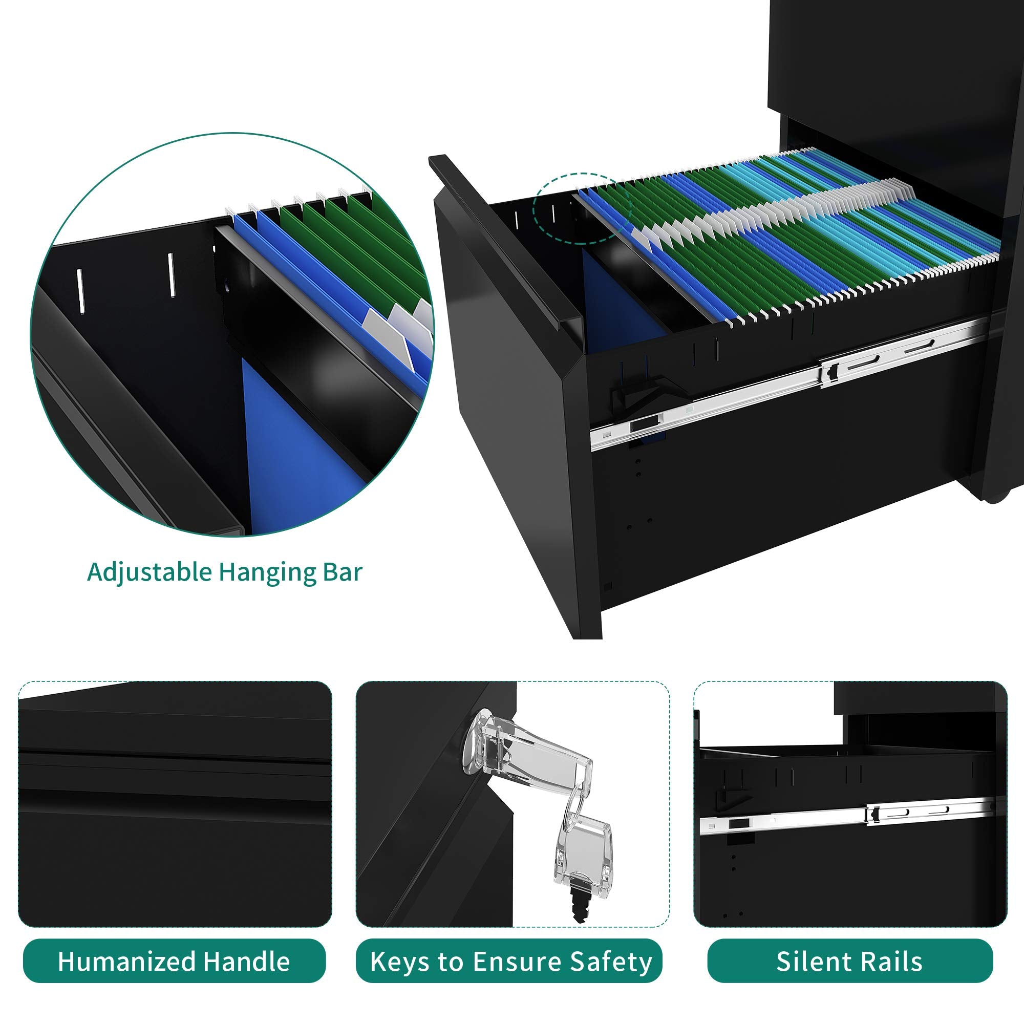 Yitahome 3-Drawer Mobile File Cabinet With Lock, Office Storage Filing Cabinet For Legal/Letter Size, Pre-Assembled Metal File Cabinets Except Wheels Under Desk -Black