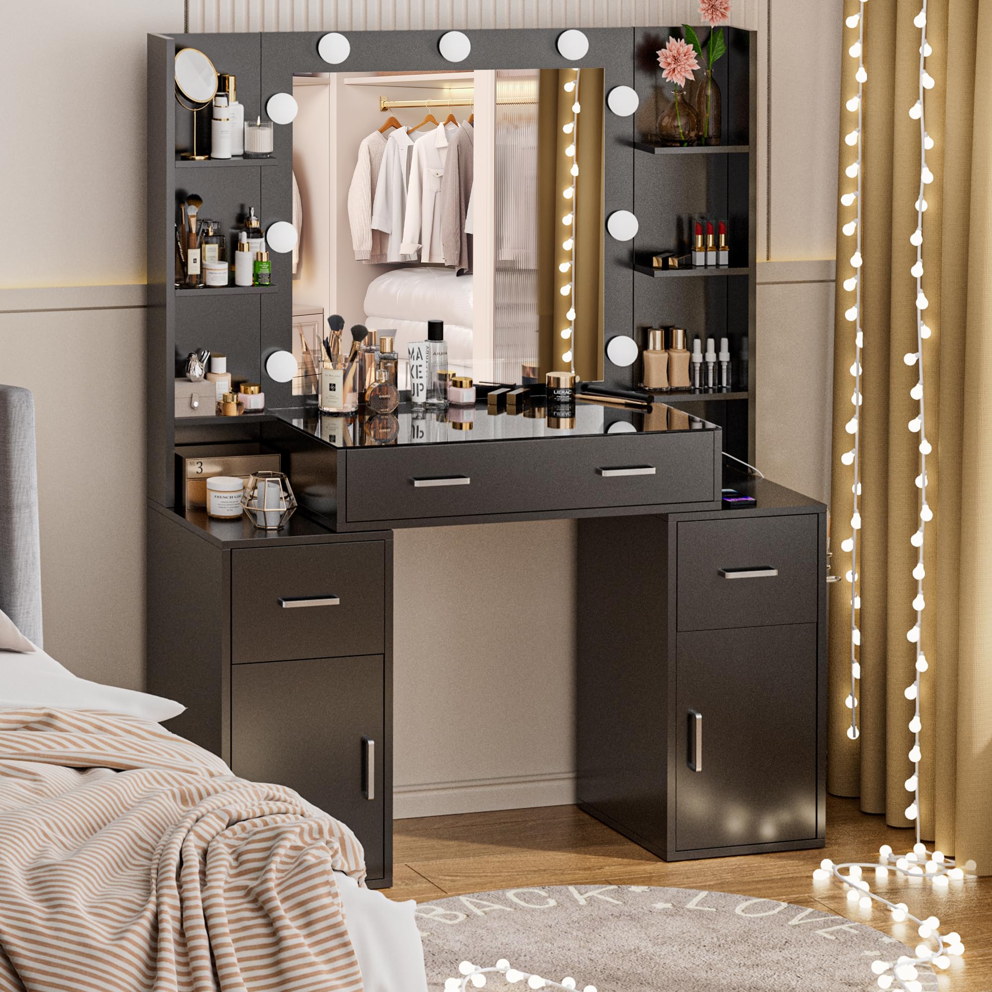 VALONDINO Makeup Vanity Desk with Lights, Glass Top Vanity with Charging Station, Vanity Mirror with 9 LED Lights Desk, Nightsta