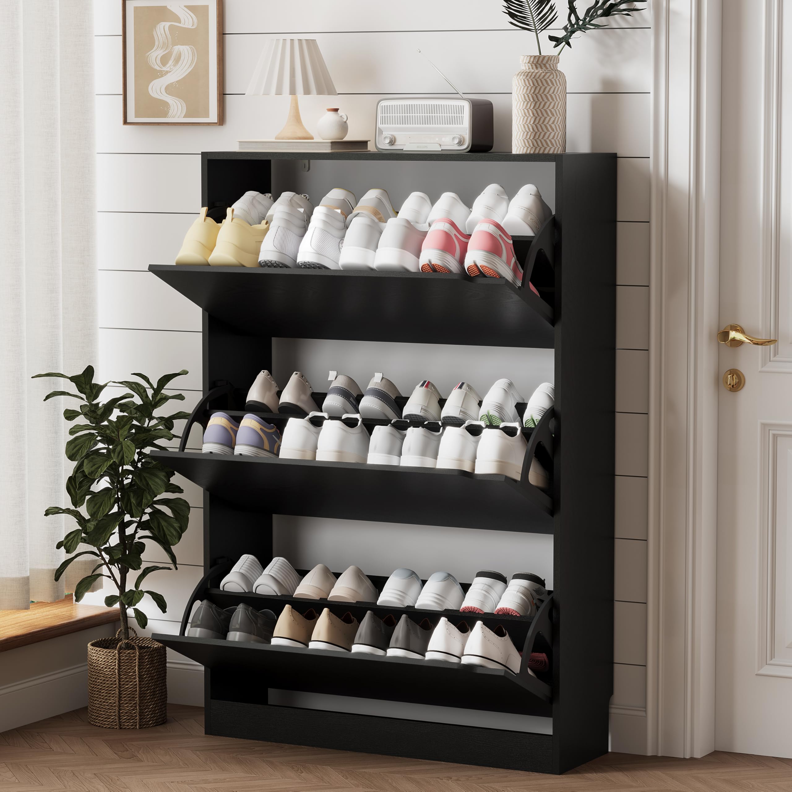 Xixini Shoe Storage Cabinet for Entryway with 3 Flip Drawers, Sturdy Wood Hidden Shoe Storage, Freestanding Narrow Slim Shoe Org