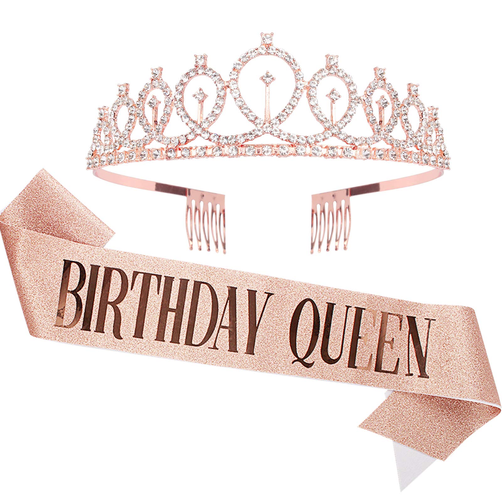 CAVETEE Birthday Crown and Sash for Women Birthday Queen Sash & Rhinestone Tiara Set and Sashes for Decorations Rose Gold Birthd