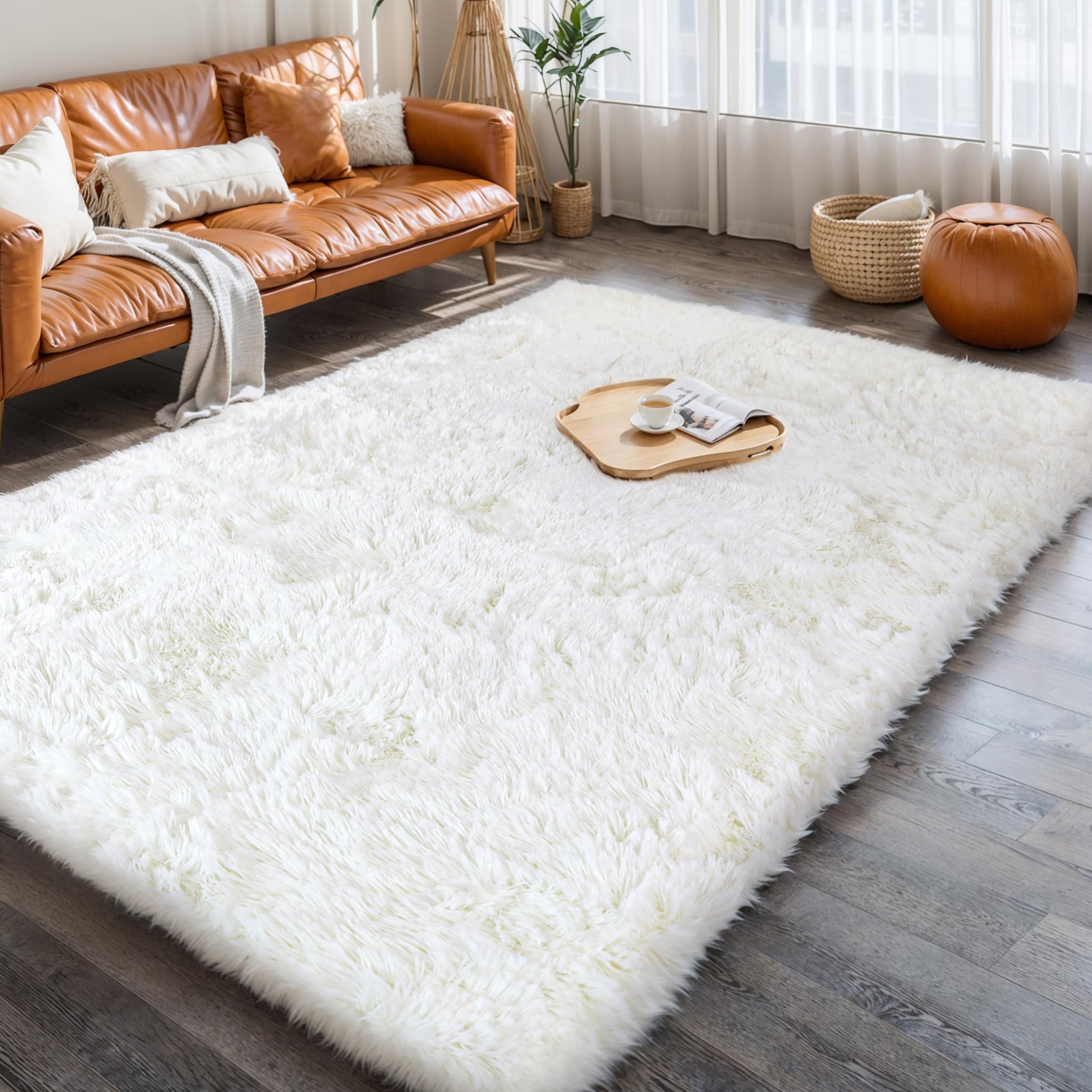 KCHOWUA 4x6 Cream Thick Fluffy Rug for Bedroom,Machine Washable Soft Shag Shaggy Fuzzy Area Rugs for Living Room,Off White Cute 