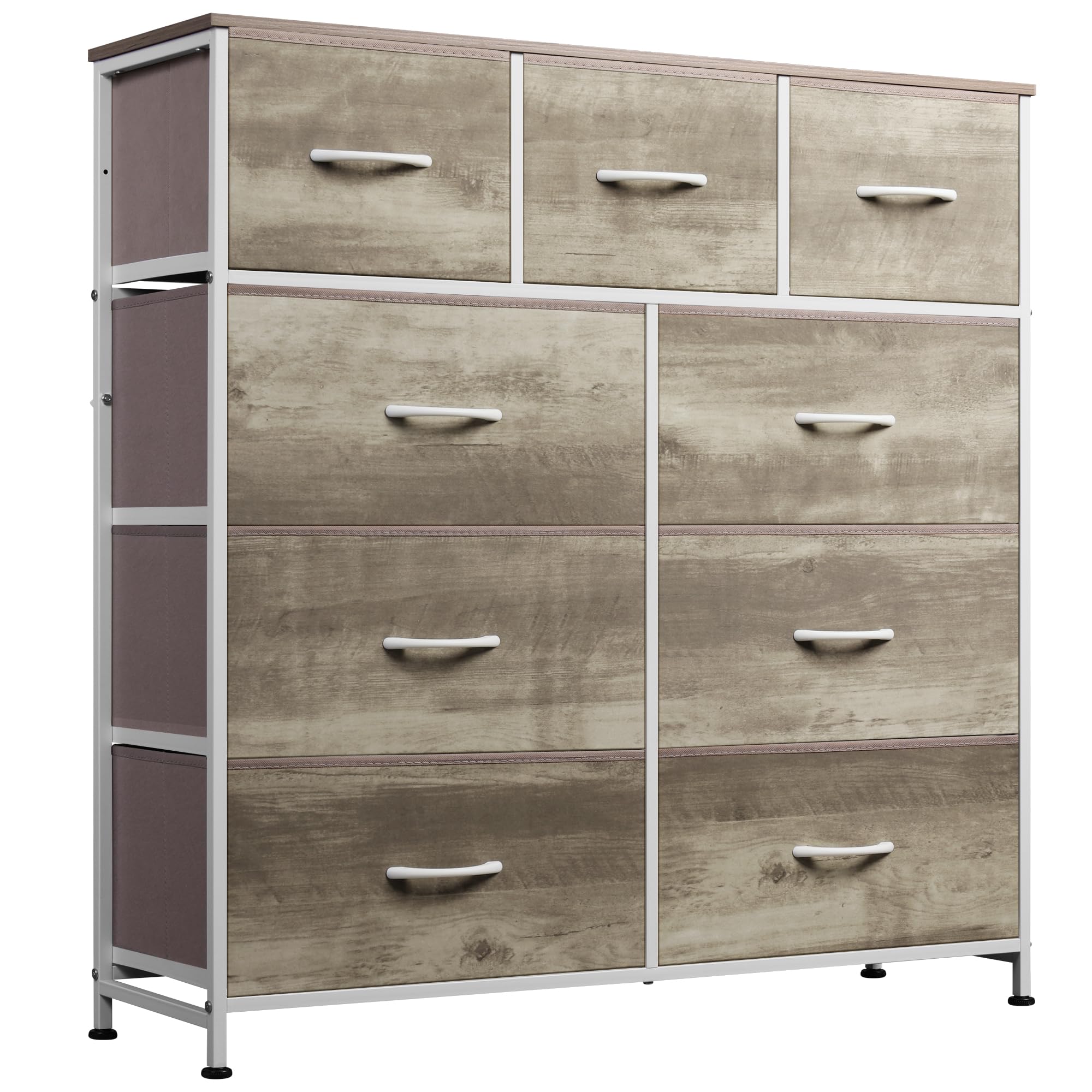 Wlive 9-Drawer Dresser, Fabric Storage Tower For Bedroom, Hallway, Nursery, Closet, Tall Chest Organizer Unit With Fabric Bins, Steel Frame, Wood Top, Easy Pull Handle, Greige