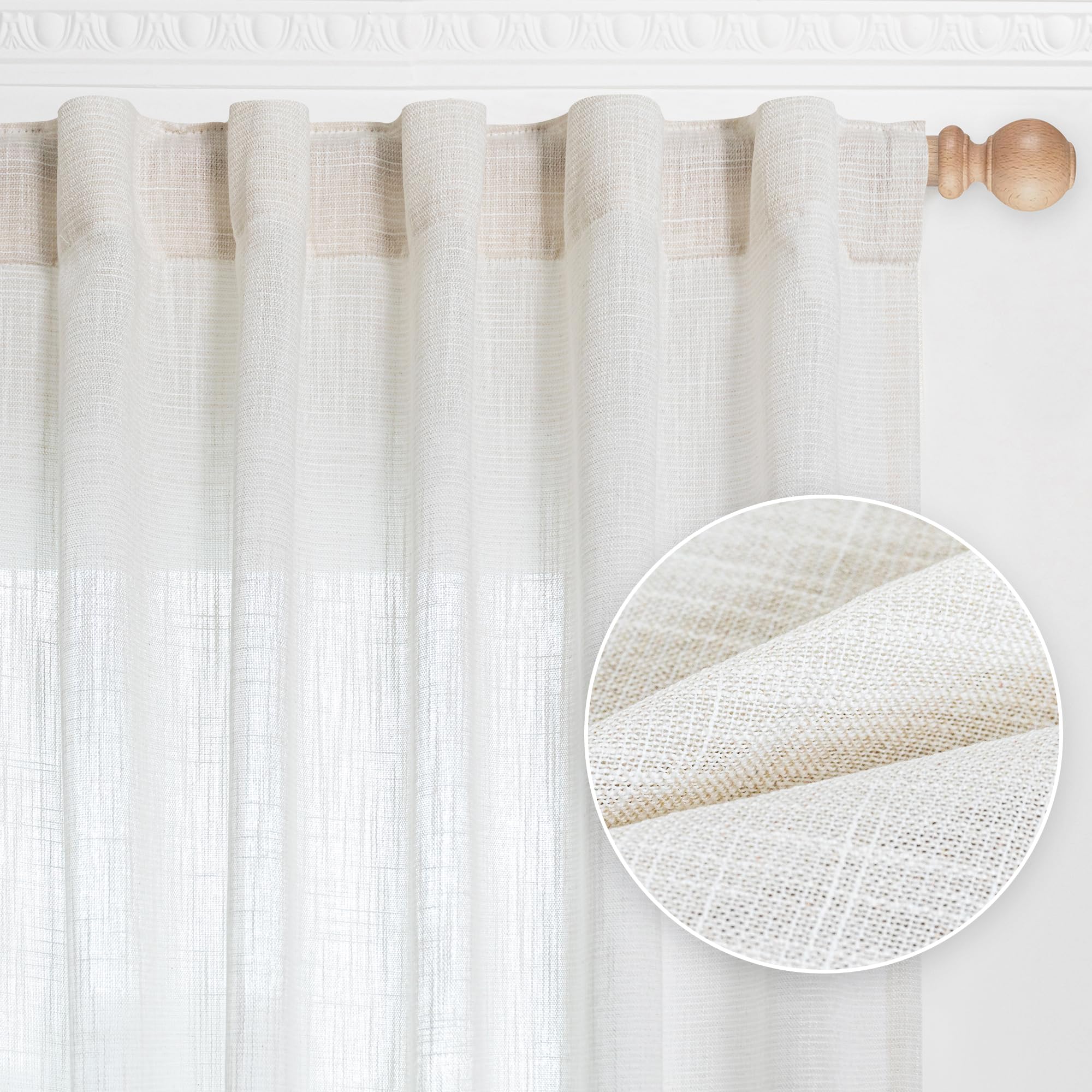 Mysky Home Curtains 63 Inch Length 2 Panels, Boho Curtains Sheer Light Soften For Bedroom Kitchen Farmhouse Style Country Rustic Drapes Window Treatment Set, 50' X 63', Natural