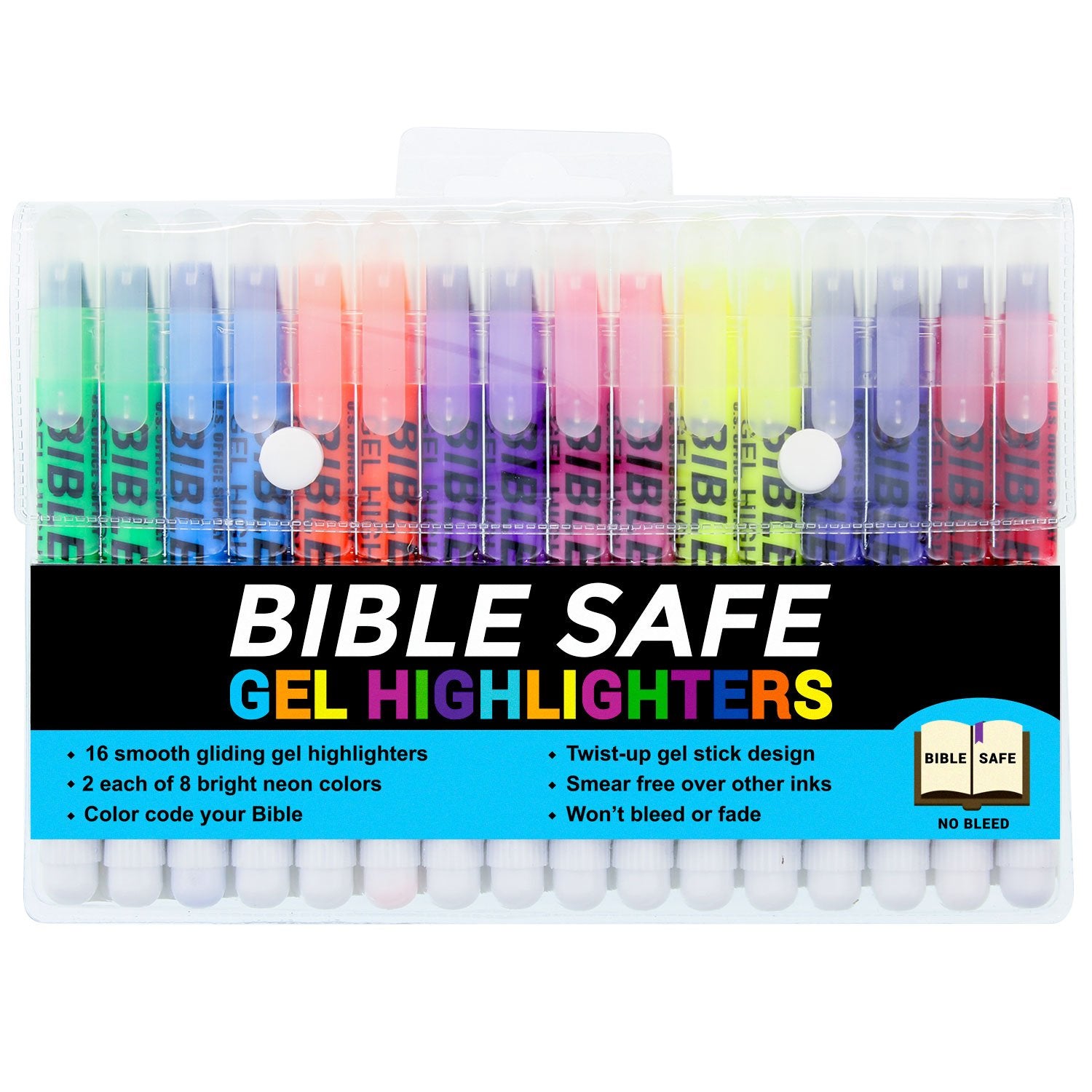 U.S. Office Supply Bible Safe Gel Highlighters, Pack Of 16-2 Sets Of 8 Bright Neon Fluorescent Highlight Colors Yellow, Orange,