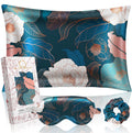 Miss Adola Mulberry Silk Pillow Case For Hair And Skin 19 Momme Standard 26'X20' Dark Blue Peony Silk Pillowcase With Eye Mask