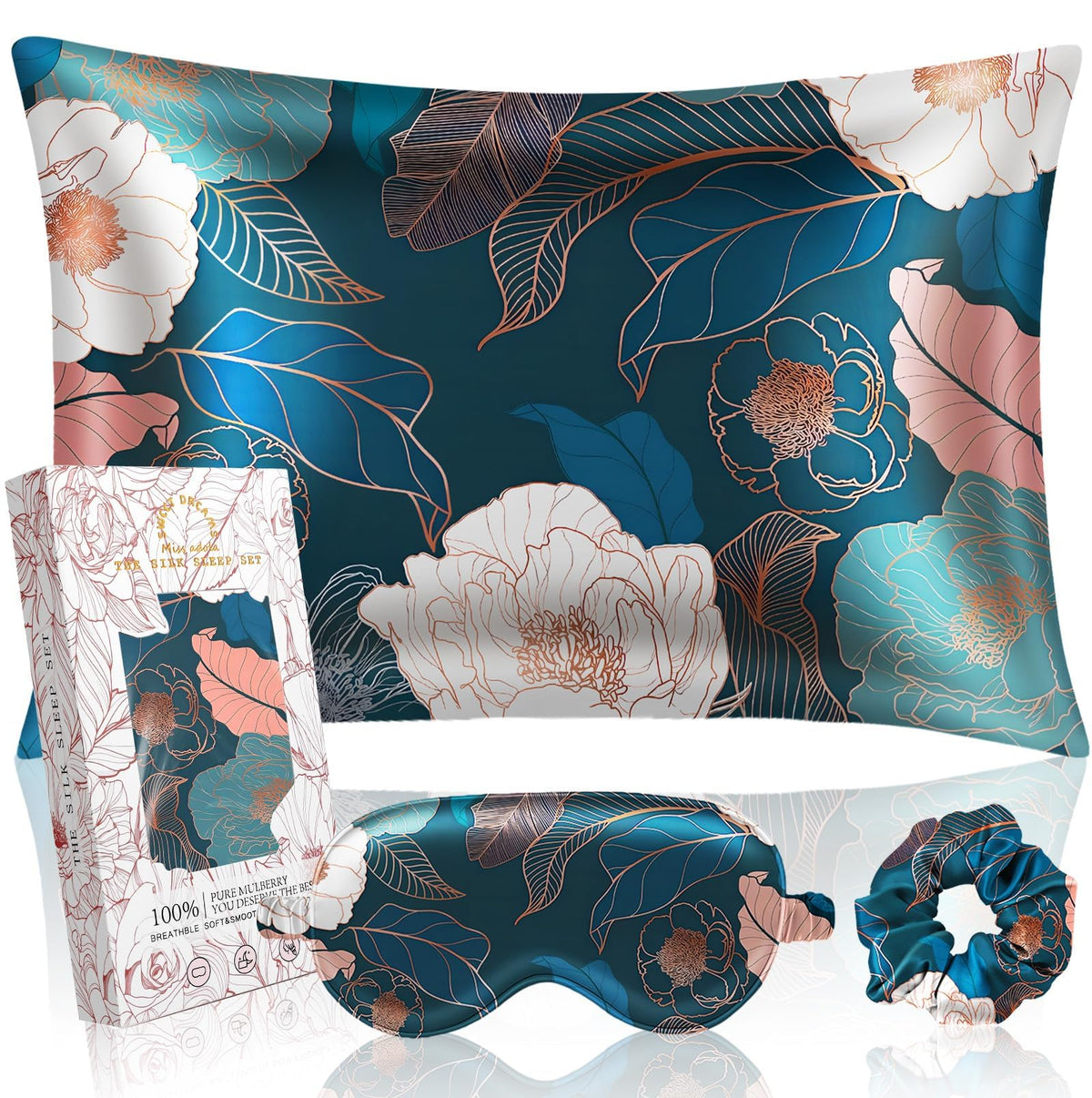 Miss Adola Mulberry Silk Pillow Case For Hair And Skin 19 Momme Standard 26'X20' Dark Blue Peony Silk Pillowcase With Eye Mask