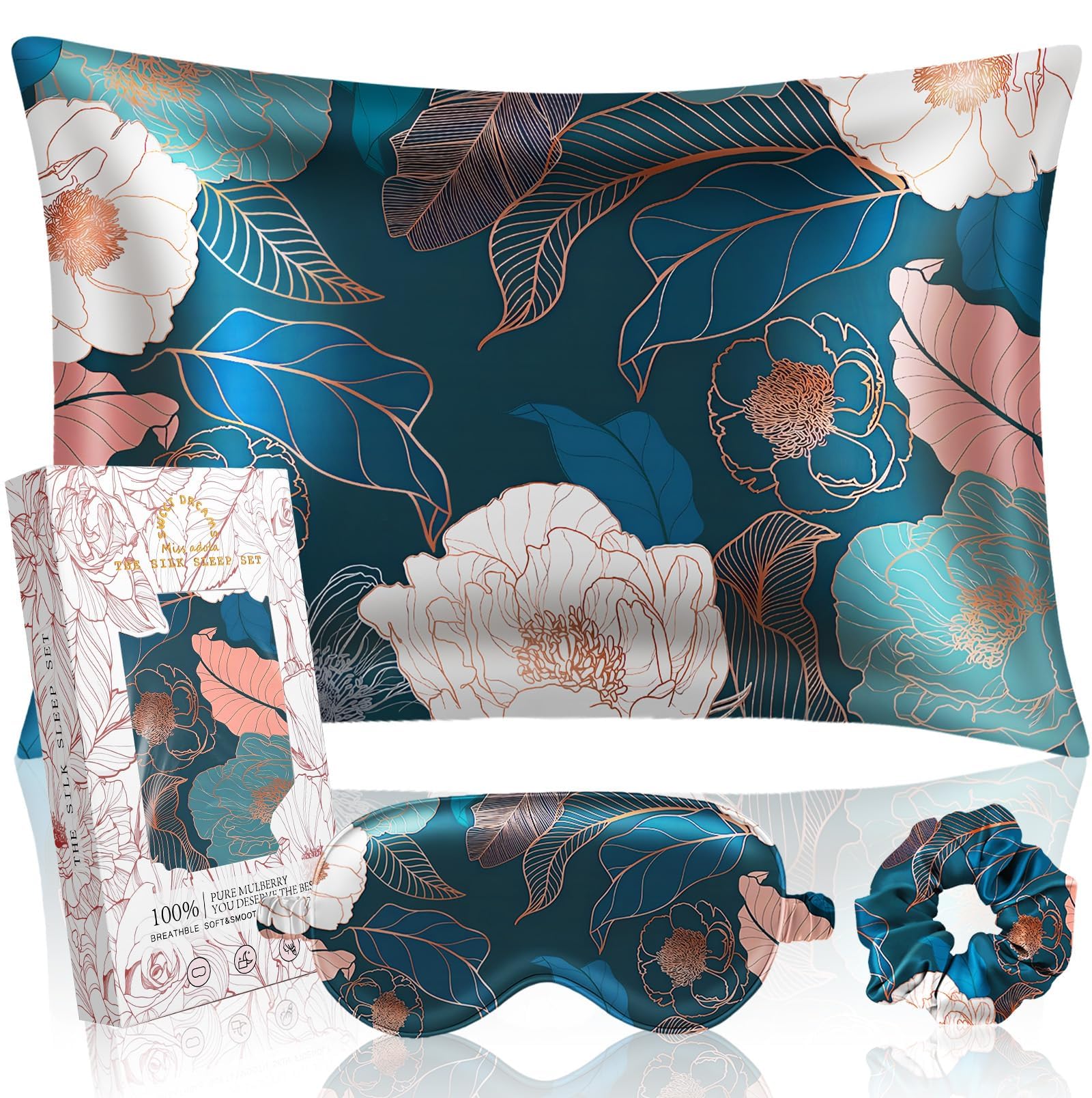 Miss Adola Mulberry Silk Pillow Case For Hair And Skin 19 Momme Standard 26'X20' Dark Blue Peony Silk Pillowcase With Eye Mask