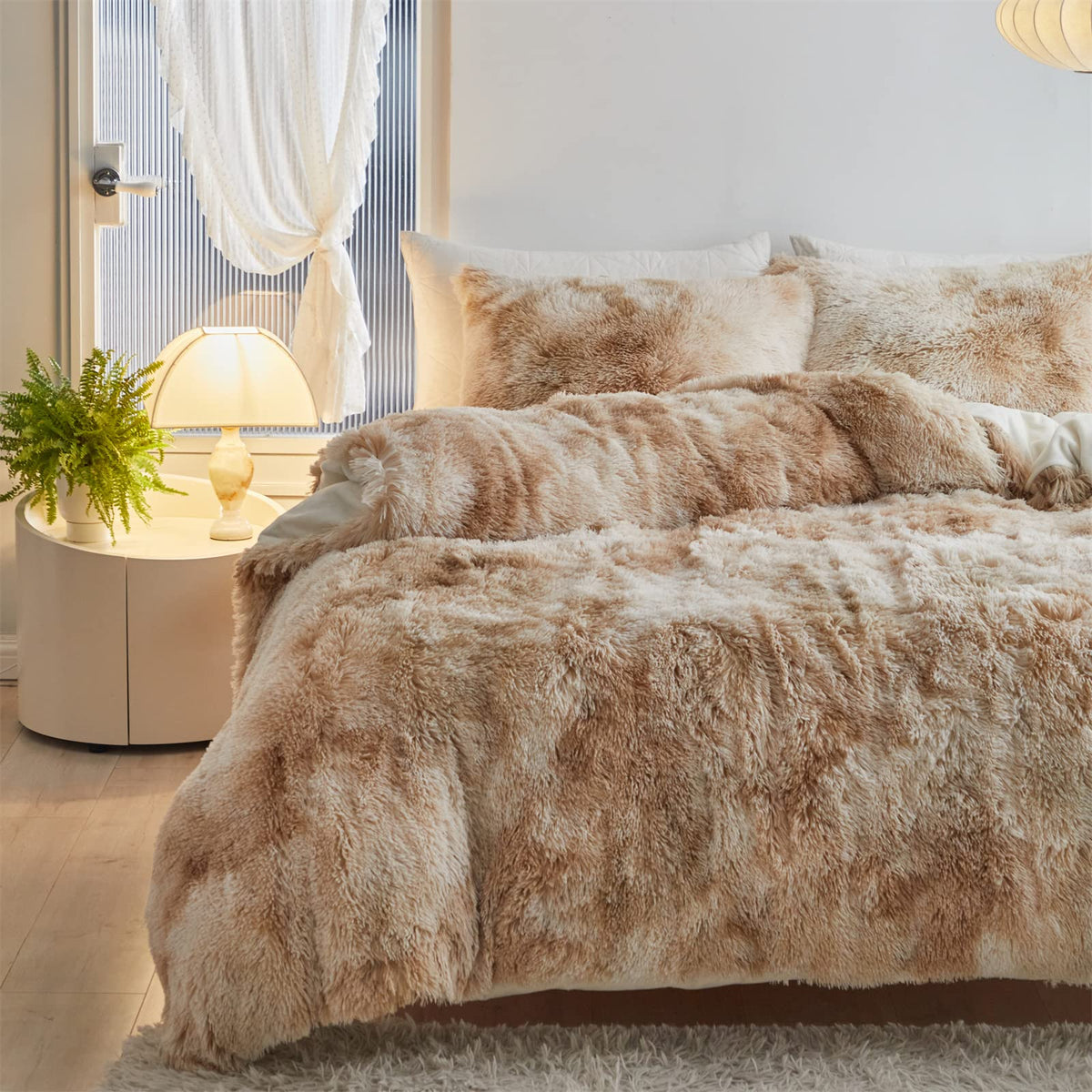 Wajade Faux Fur Plush Tie Dye Camel Comforter Set Fluffy Fuzzy Shaggy Bedding Set - 3Pc Full/Queen Microfiber Soft Warm Quilt Se