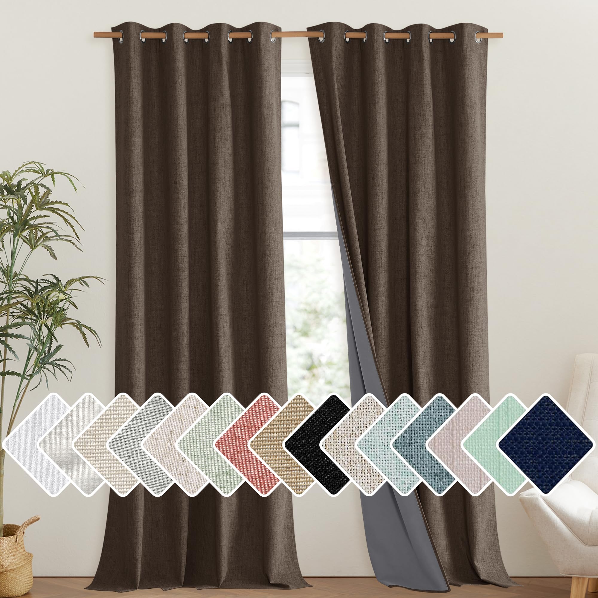 NICETOWN Coffee Vintage Linen 100% Blackout Curtains for Living Room, Thermal Insulated Curtains 102 Long, Noise Reducing Window