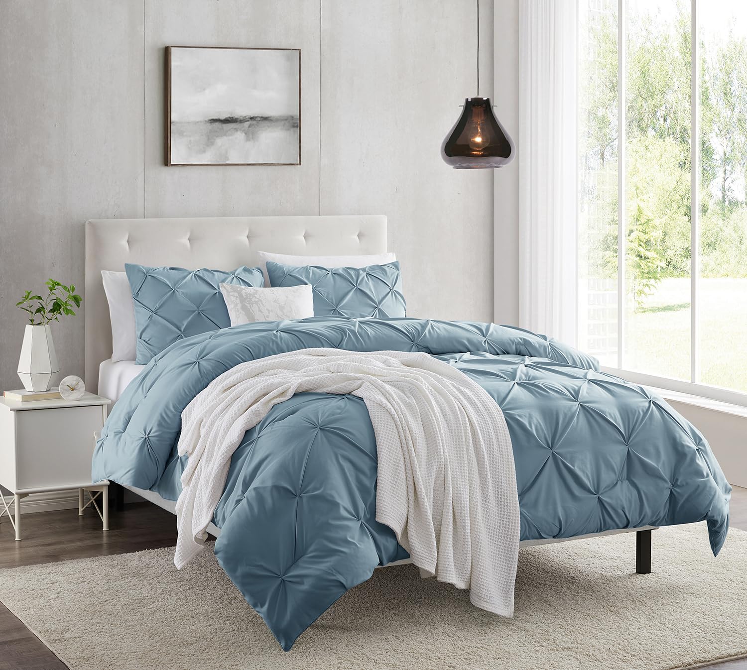 Nestl Stone Blue Duvet Cover Queen Size - Pintuck Queen Duvet Cover Set, 3 Piece Double Brushed Duvet Covers With Button Closure