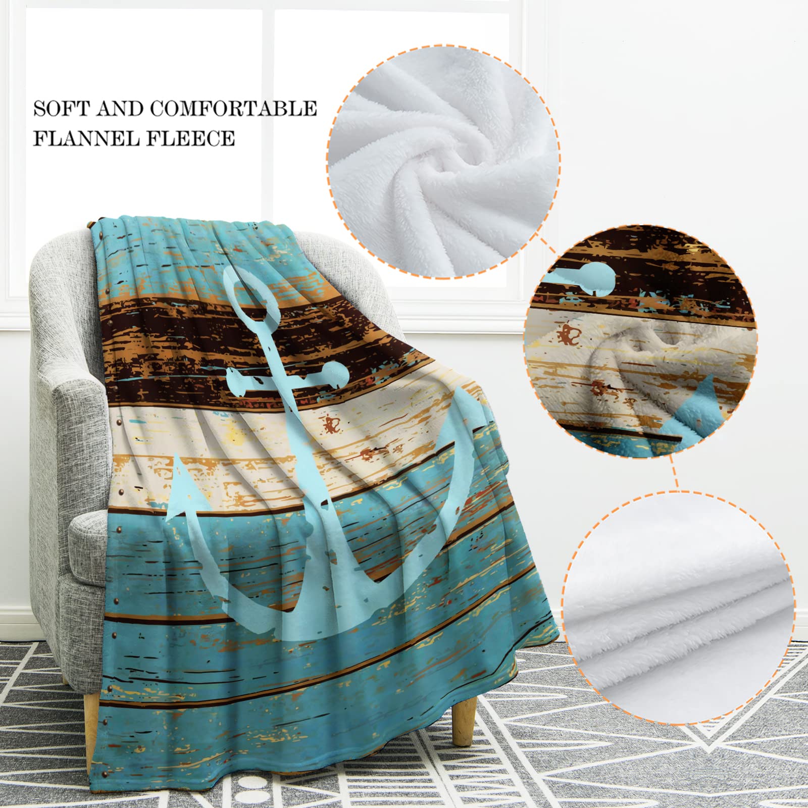 Jekeno Nautical Anchor Blanket Rustic Wood Anchor Print Gifts For Women Kids Boys Men Home Bedroom Living Room Decor Soft Cozy L