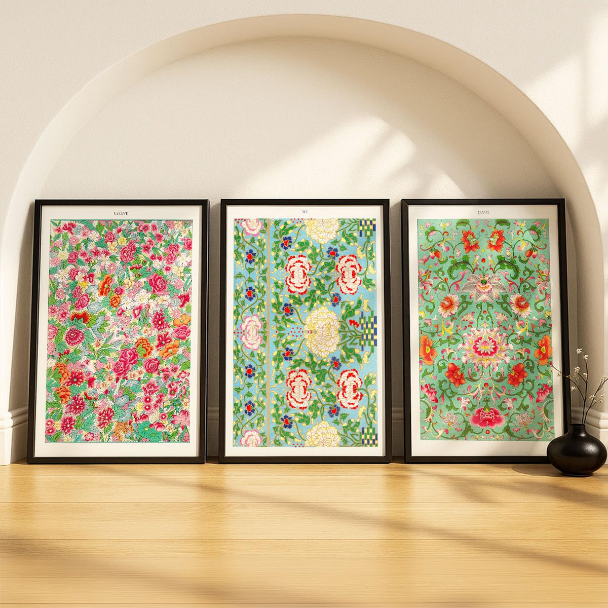 SoulAbiti Pastel Mint & Pink Florals Ornamental Pattern set of 3 Framed Wall Print 12x18 inch Black Frame PlexiGlass Pattern Ar