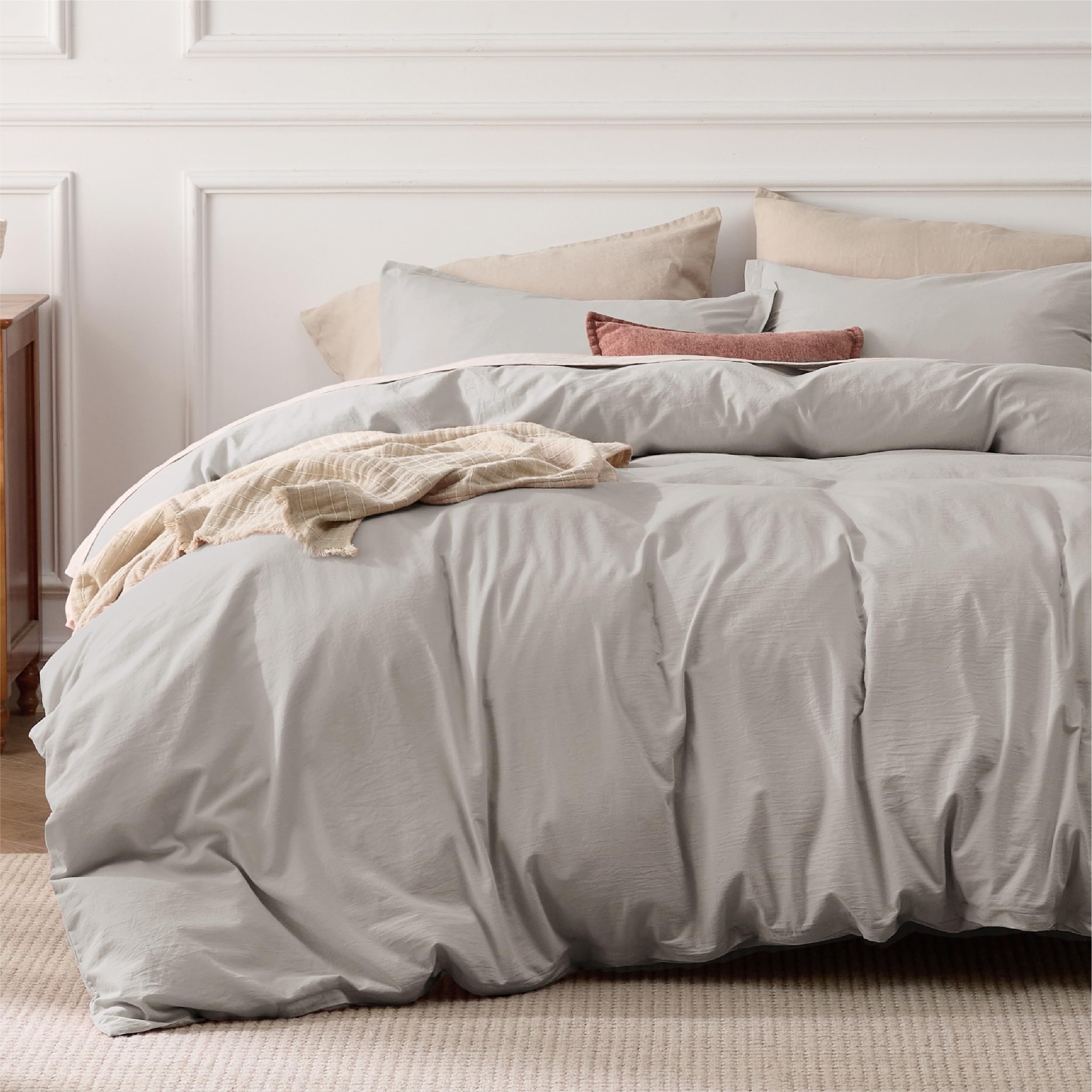 Bedsure 100% Stone Washed Cotton Duvet Cover Queen - Stone Color Minimalist Cotton Duvet Cover Set Linen Like - 3 Pieces Plain Simple Bedding Set With 2 Pillow Shams (Queen, 90'X90')