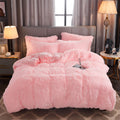 Werdim Shaggy Fluffy Faux Fur Duvet Cover Set Button Closure Velvety Bedding Set Comforter Cover With Pillowcases Pink, Queen Si