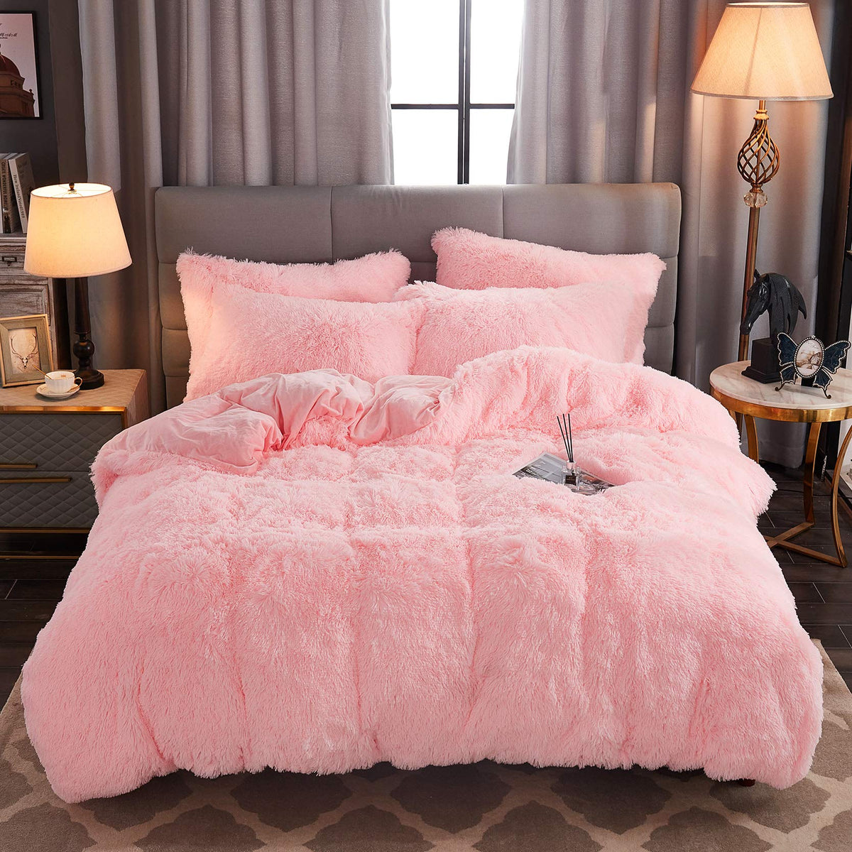 Werdim Shaggy Fluffy Faux Fur Duvet Cover Set Button Closure Velvety Bedding Set Comforter Cover With Pillowcases Pink, Queen Si