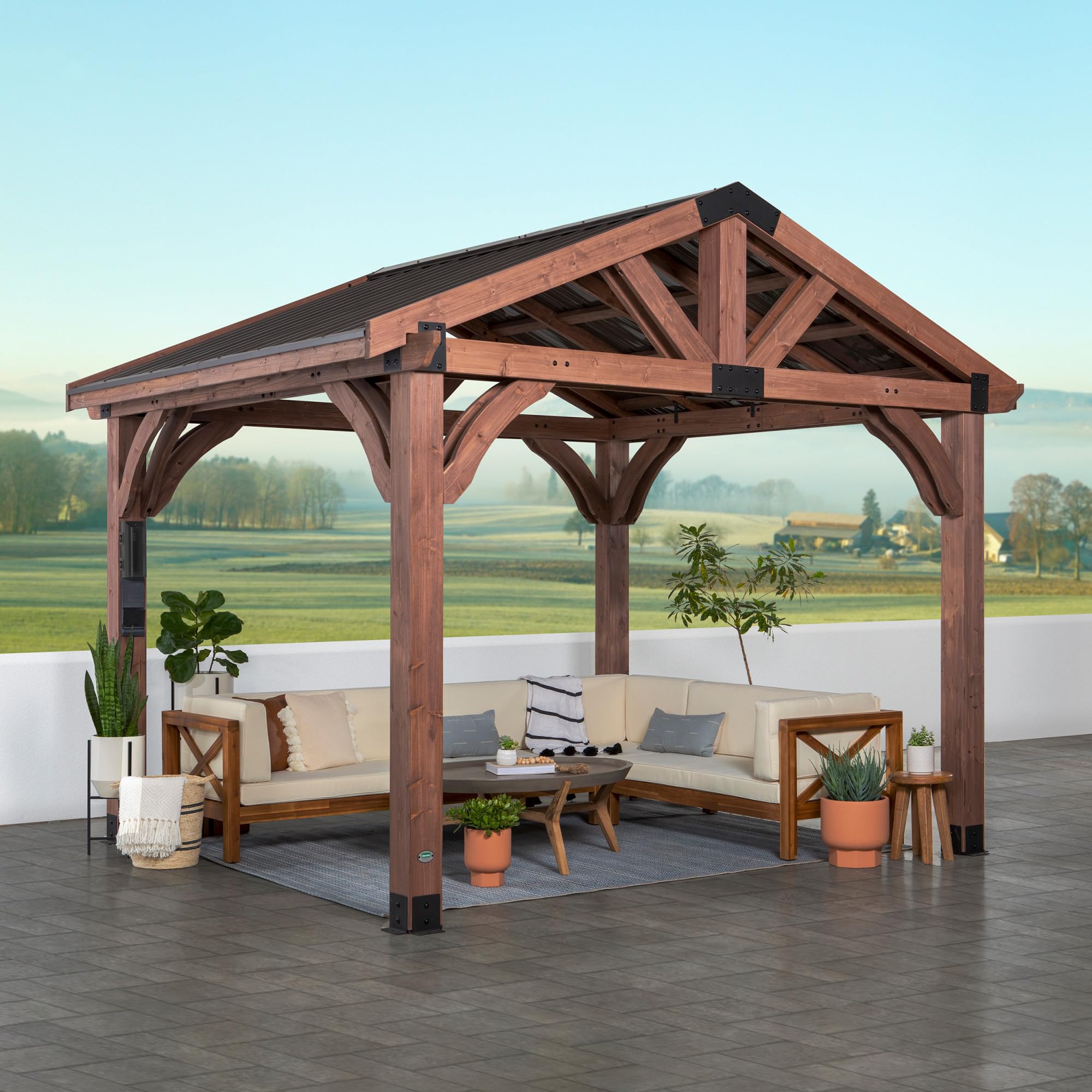 Backyard Discovery Arlington 12X10 All Cedar Gazebo, Walnut, Insulated Steel Roof, Water Resistant, Wind Resistant Up To 100 Mph