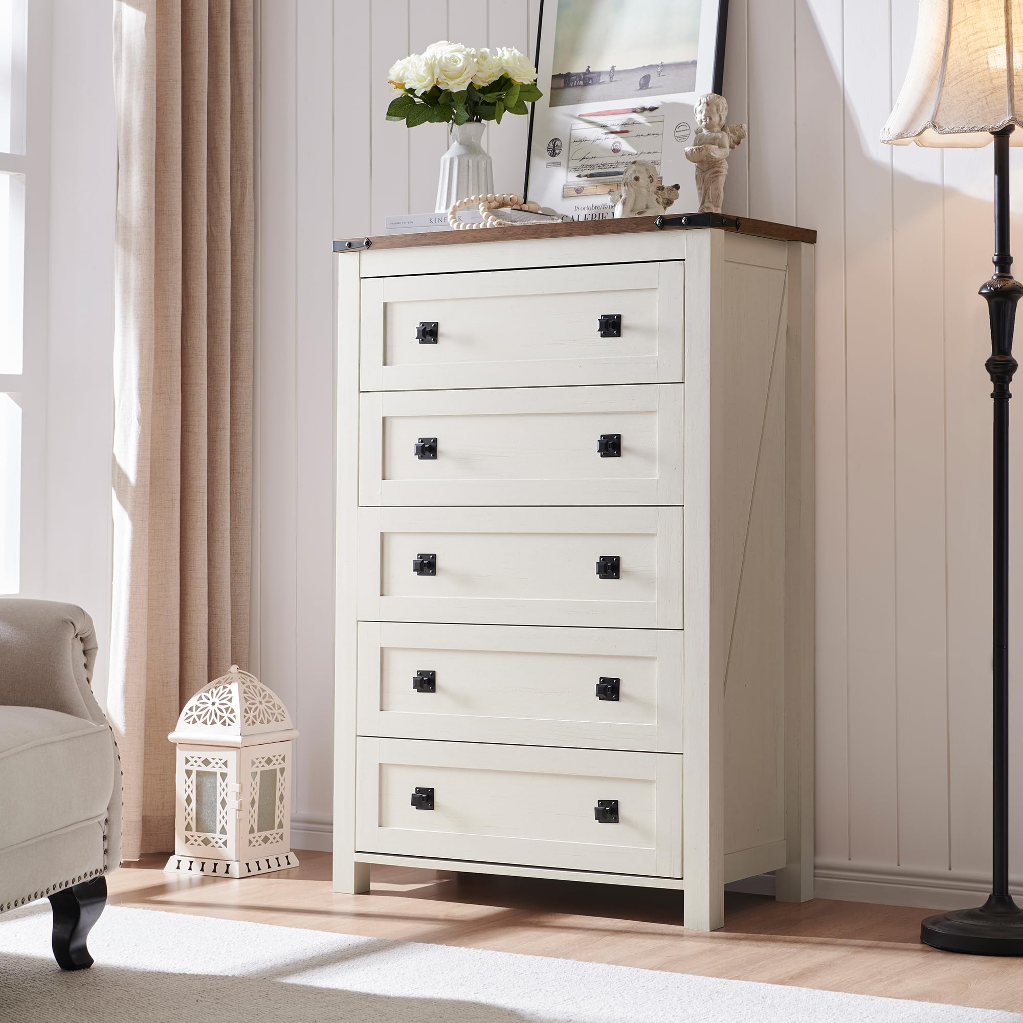 RedLemon Farmhouse 5 Drawer Dresser, 48  Tall Rustic Chest of Drawers, Wood Dresser for Bedroom, Living Room, Hallway, Antique W