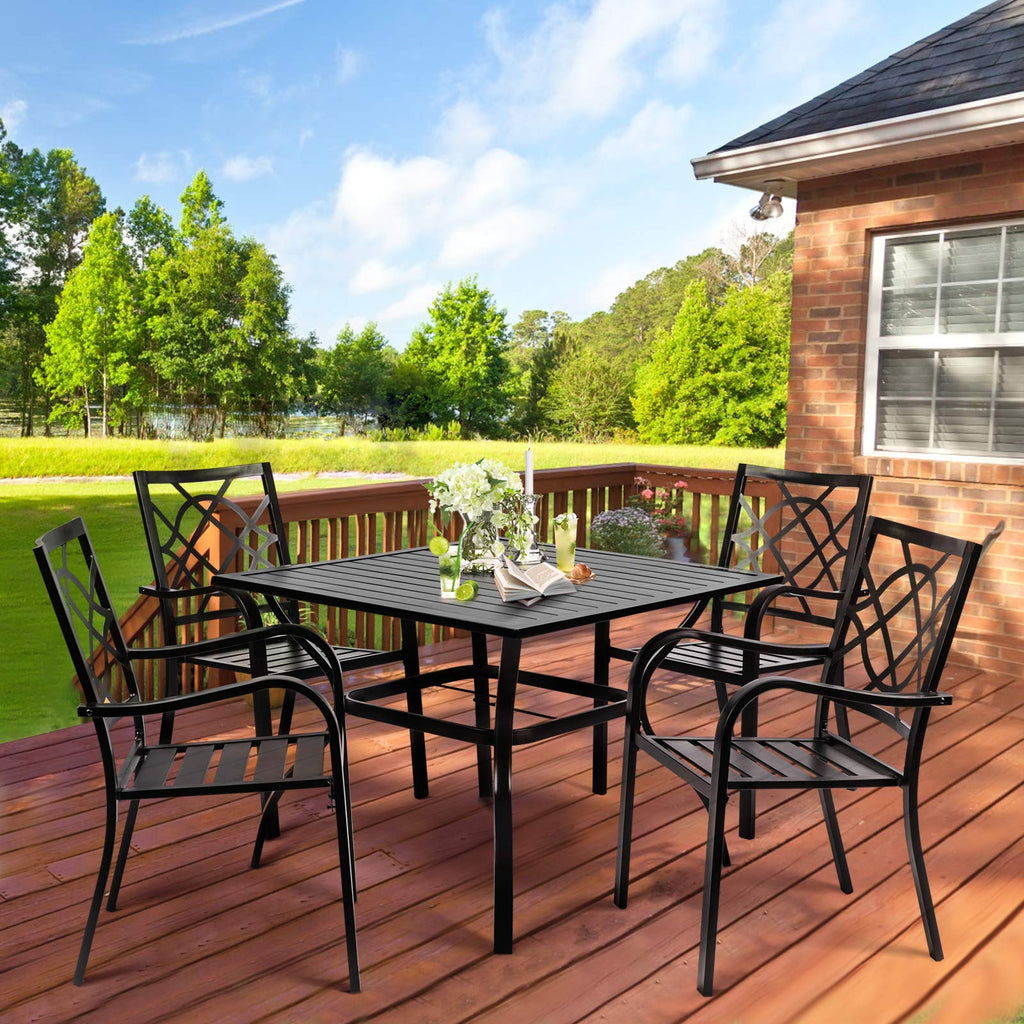 Suncrown 5-Piece Outdoor Wrought Iron Chairs And Table Patio Dining Furniture Set - 4 Stackable Metal Chairs, 1 Steel Slat Bistro Table For Garden Backyard Deck