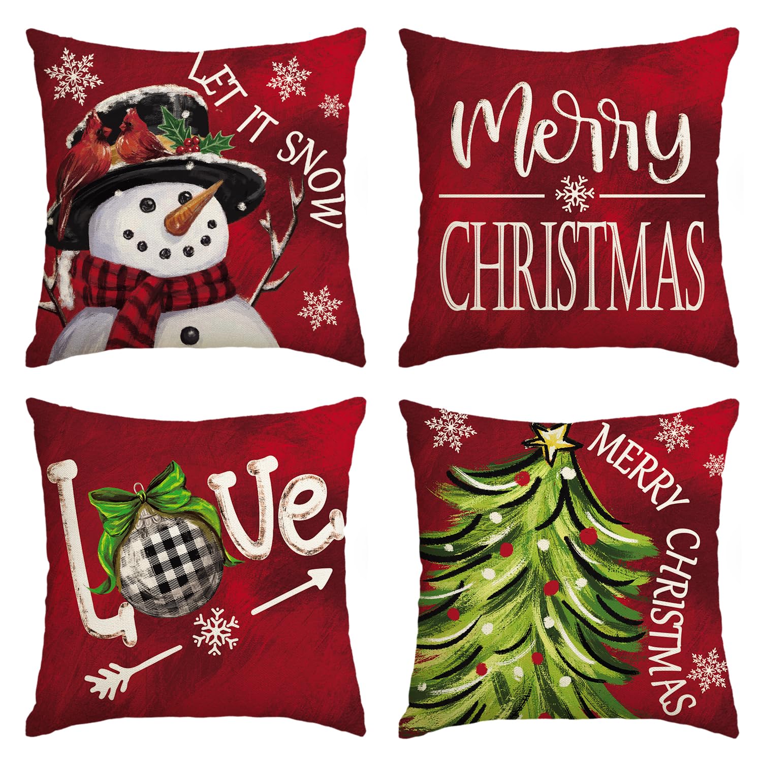 Avoin Colorlife Merry Christmas Let It Snow Love Snowman Red Throw Pillow Covers, 18 X 18 Inch Xmas Tree Holiday Cushion Case De