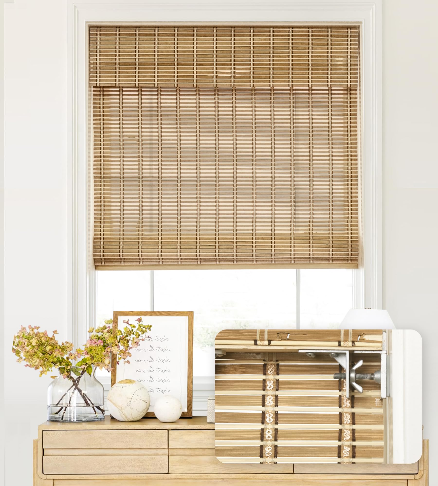 LazBlinds No Tools No Drill Cordless Bamboo Roman Shades, Light Filtering Window Treatment, Roll Up Bamboo Blinds for Windows 42