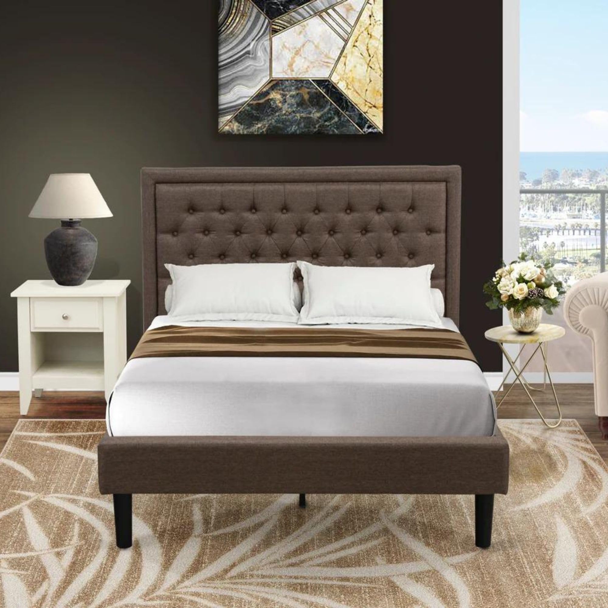 East West Furniture KD18F-1GA0C 2 Piece Bed Set - 1 Bed Frame Brown Linen Fabric Padded and Button Tufted Headboard with 1 Night Stands for Bedrooms - Wire Brushed Butter Cream Finish Nightstand