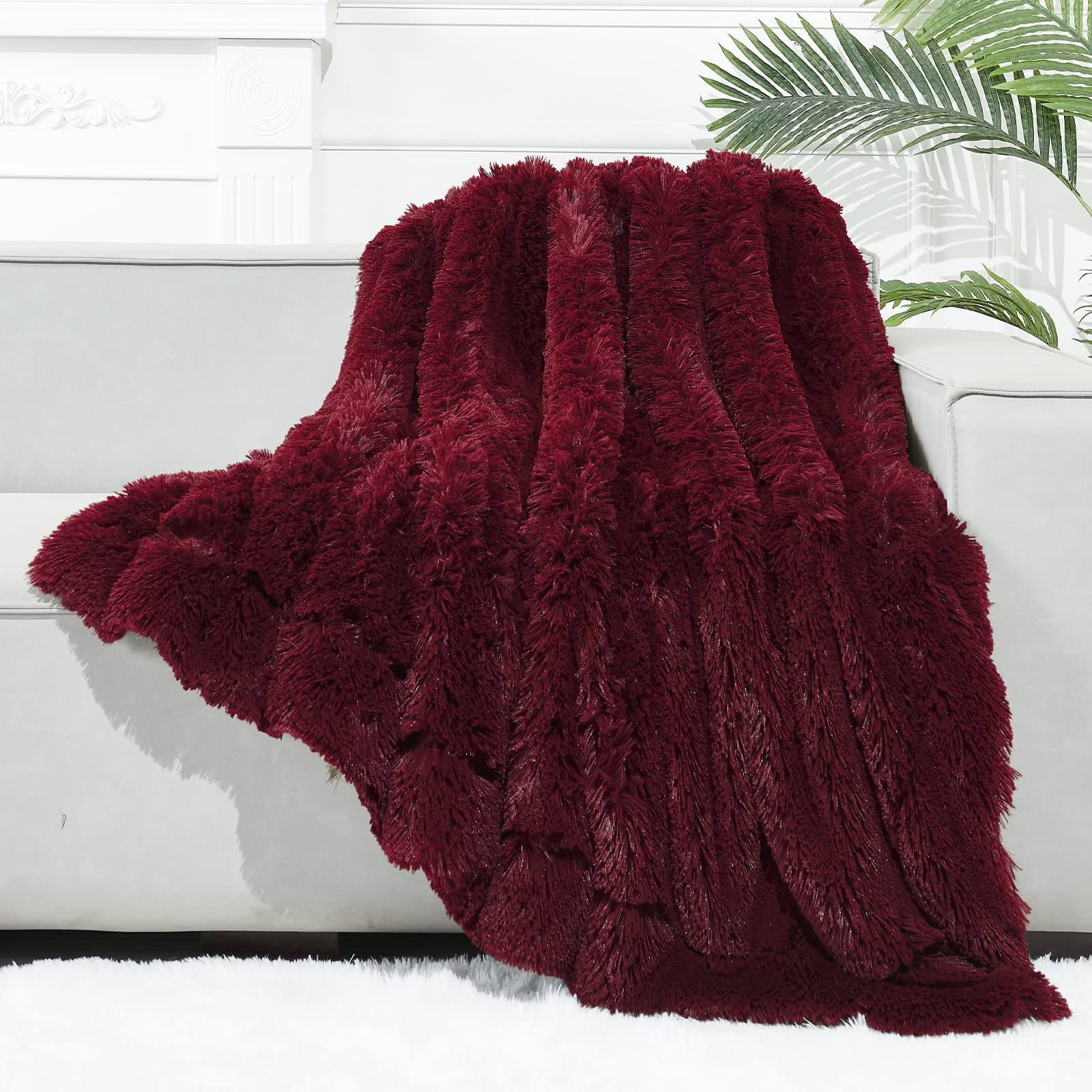 Gonaap Fuzzy Faux Fur Throw Blanket Twin Size Wine Red Super Soft Cozy Plush Fuzzy Shaggy Blanket For Couch Sofa Bed (Wine Red,