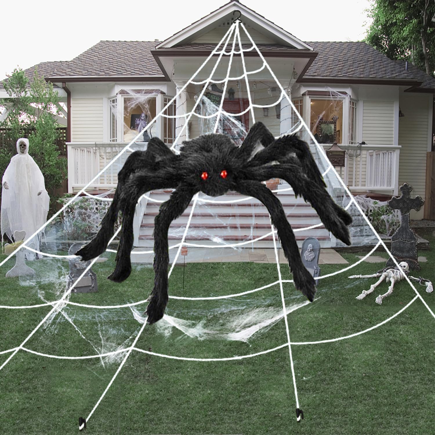Jiabnukkn Halloween Decorations Outdoor 16 Ft Giant Spider Web With Large Spider 29.5', Stretch Cobwebs And 2 Small Spiders Out