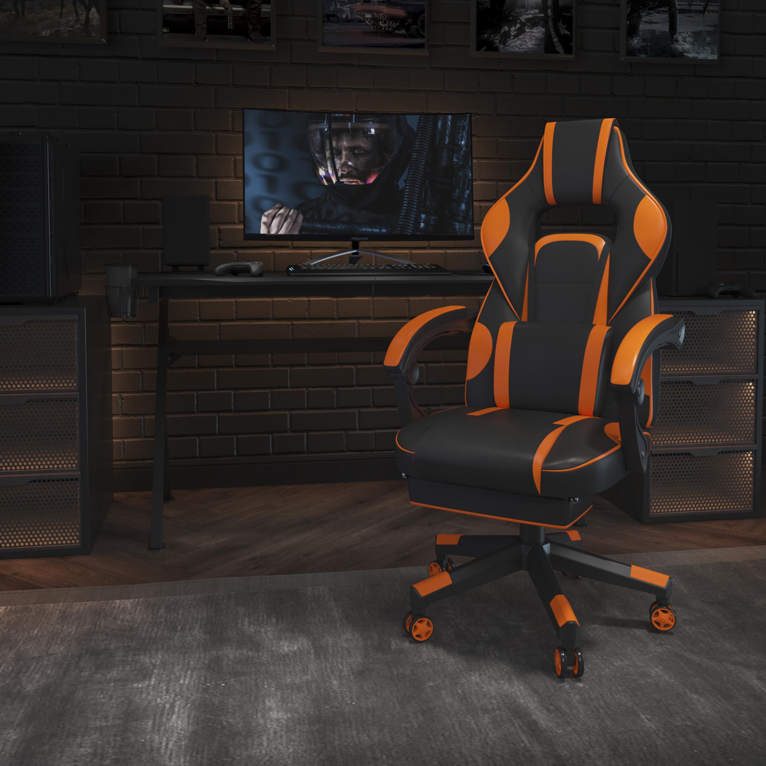 Flash Furniture X40 Gaming Chair Racing Ergonomic Computer Chair with Fully Reclining Back/Arms, Slide-Out Footrest, Massaging Lumbar - Black/Orange