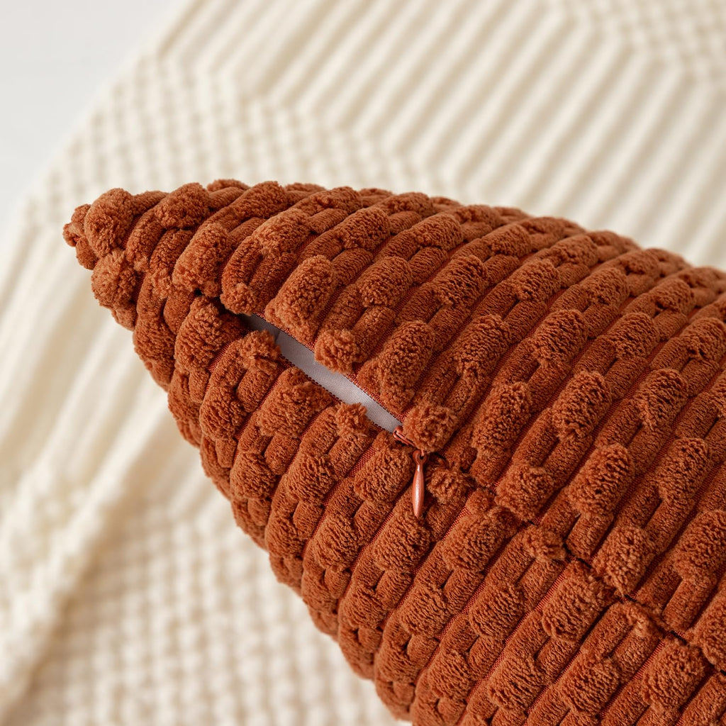 Kevin Textile Throw Pillow Covers Soft Corduroy Decorative Set Of 2 Boho Striped Pillow Covers Pillowcases Farmhouse Home Decor For Couch Bed Sofa Living Room 18X18 Inch Rust Brown