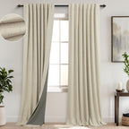 Koufall 52X100 Inches Long Light Tan Back Tab Linen Blackout Curtains For Living Room