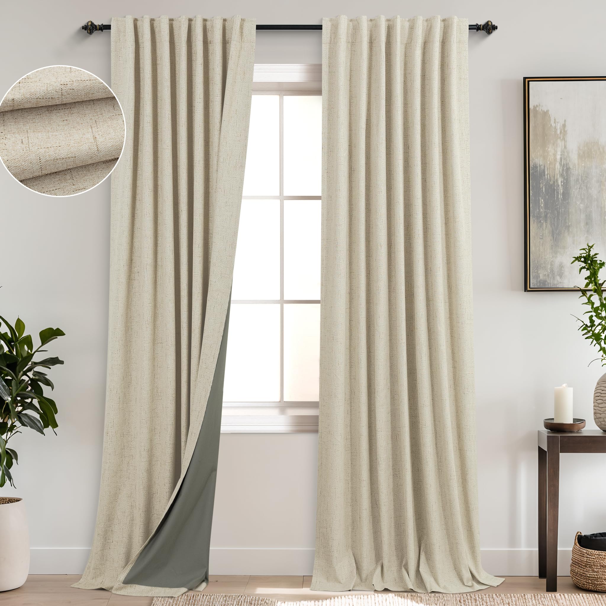 Koufall 52X100 Inches Long Light Tan Back Tab Linen Blackout Curtains For Living Room