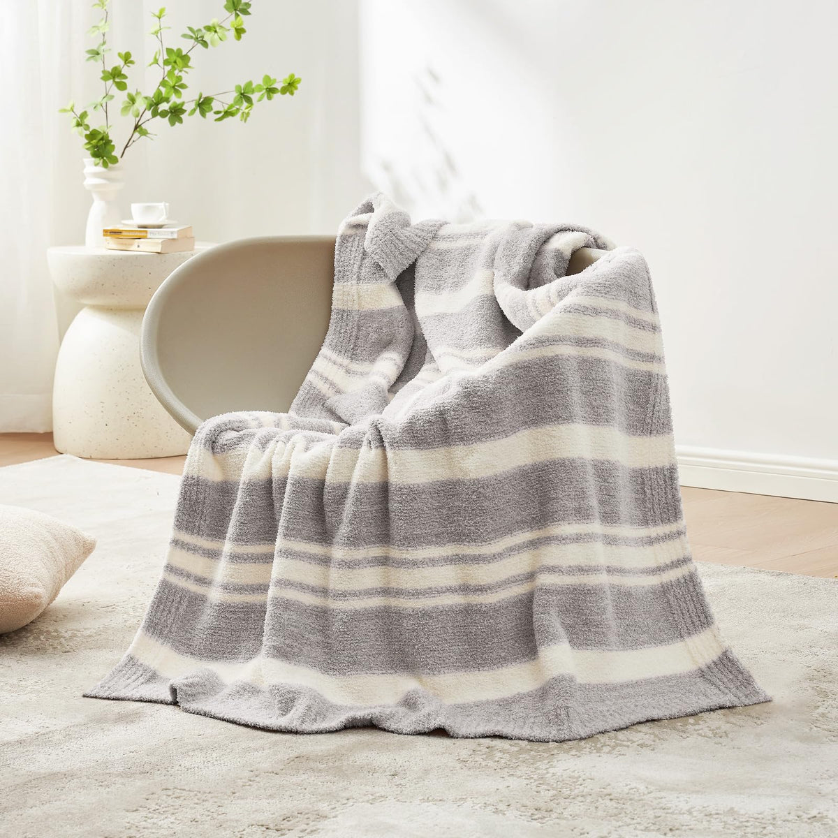 Snuggle Sac Grey Stripe Knitted Throw Blanket, Reversible Super Soft Stripe Blankets Warm Cozy Knit Fuzzy Plush Lightweight Thro