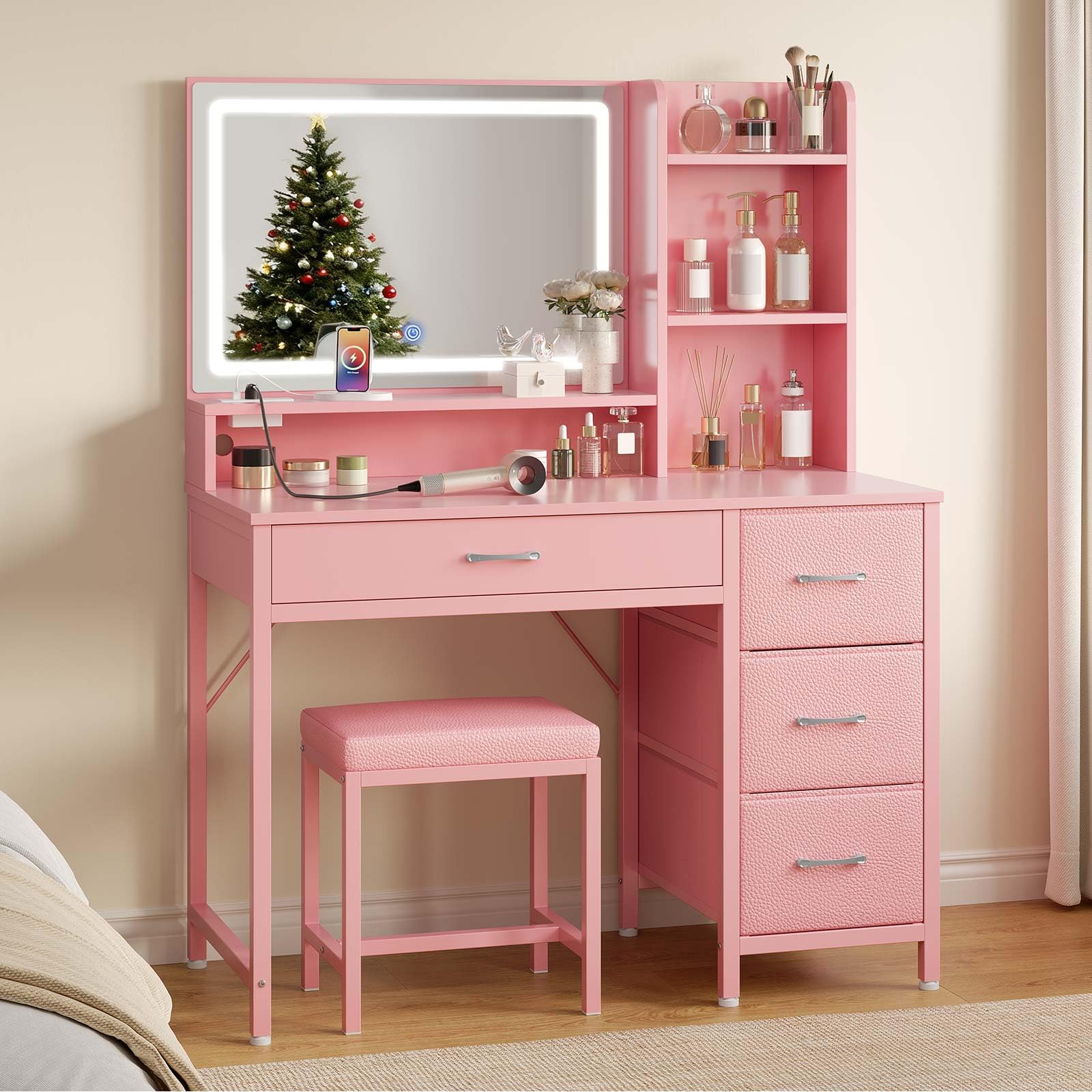 GREENSTELL Vanity Desk with Mirror and Lights, Makeup Vanity Table with Upholstered Stool, 4 Drawers & 3 Storage Shelves, Power 