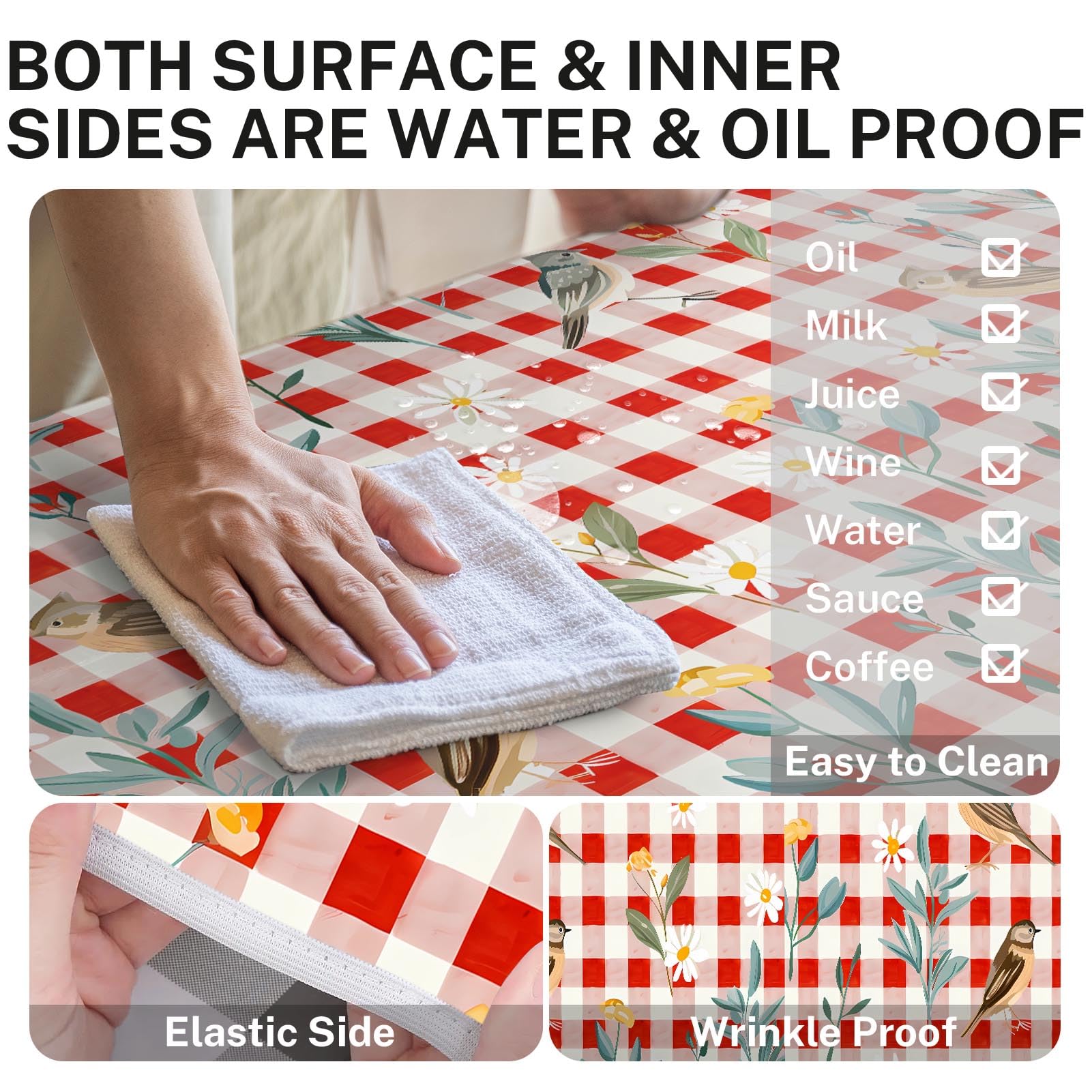 Britown Birds Picnic Table Cover With Bench Covers, Red Checkered Fitted Rectangle Table Cover, Outdoor Patio Camping Essentials