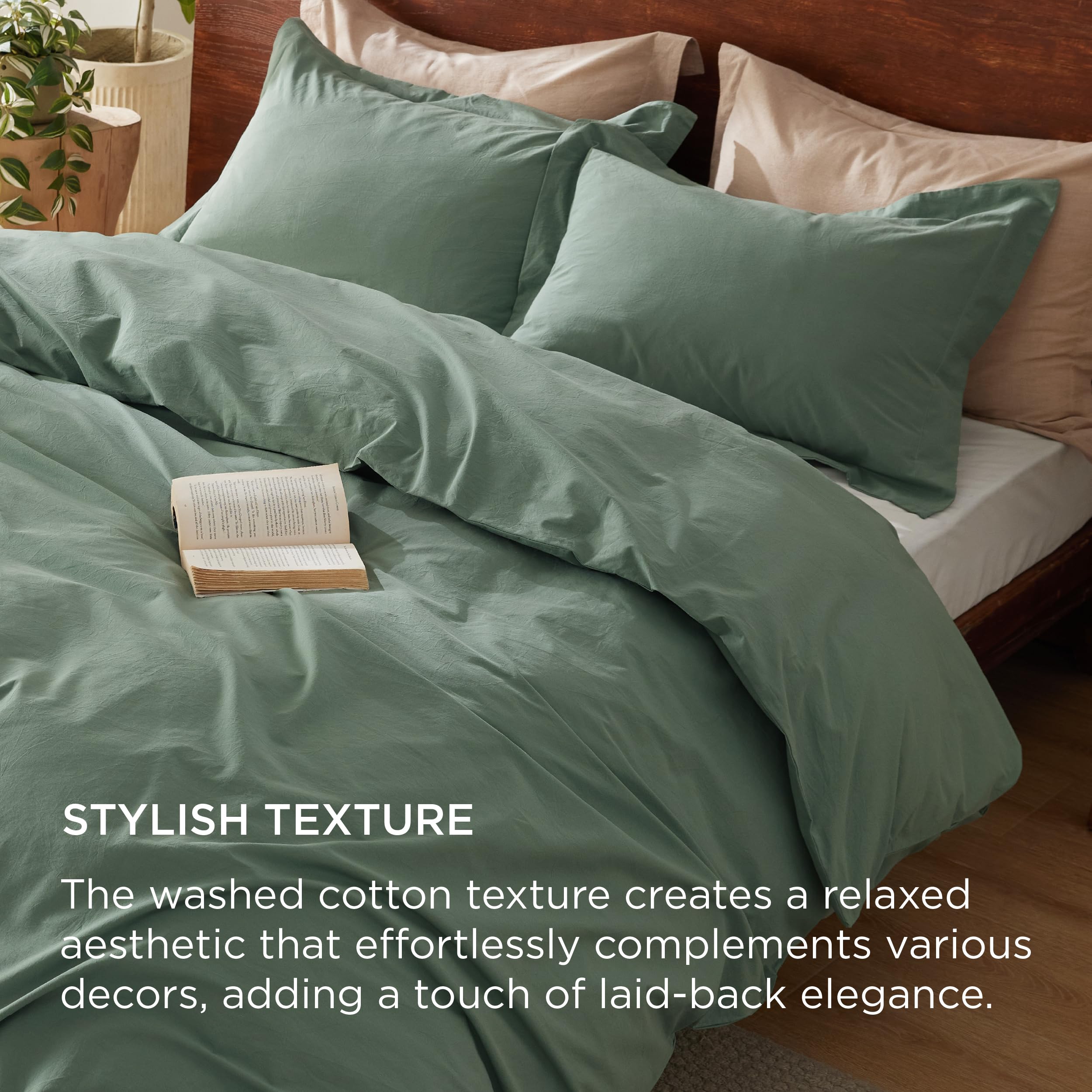 Bedsure 100% Washed Cotton Duvet Cover Queen - Green Minimalist Cotton Duvet Cover Linen Like - 3 Pieces Gentlesoft™ Plain Simple Bedding Set With 2 Pillow Shams (Green, Queen, 90'X90')