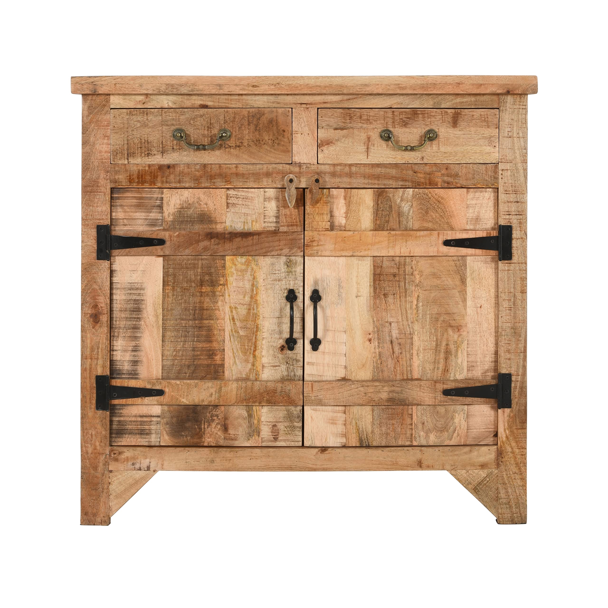 The Urban Port 39-Inch Artisanal Farmhouse Style 2 Drawer Mango Wood Cabinet Console With 2 Door Storage, Brown