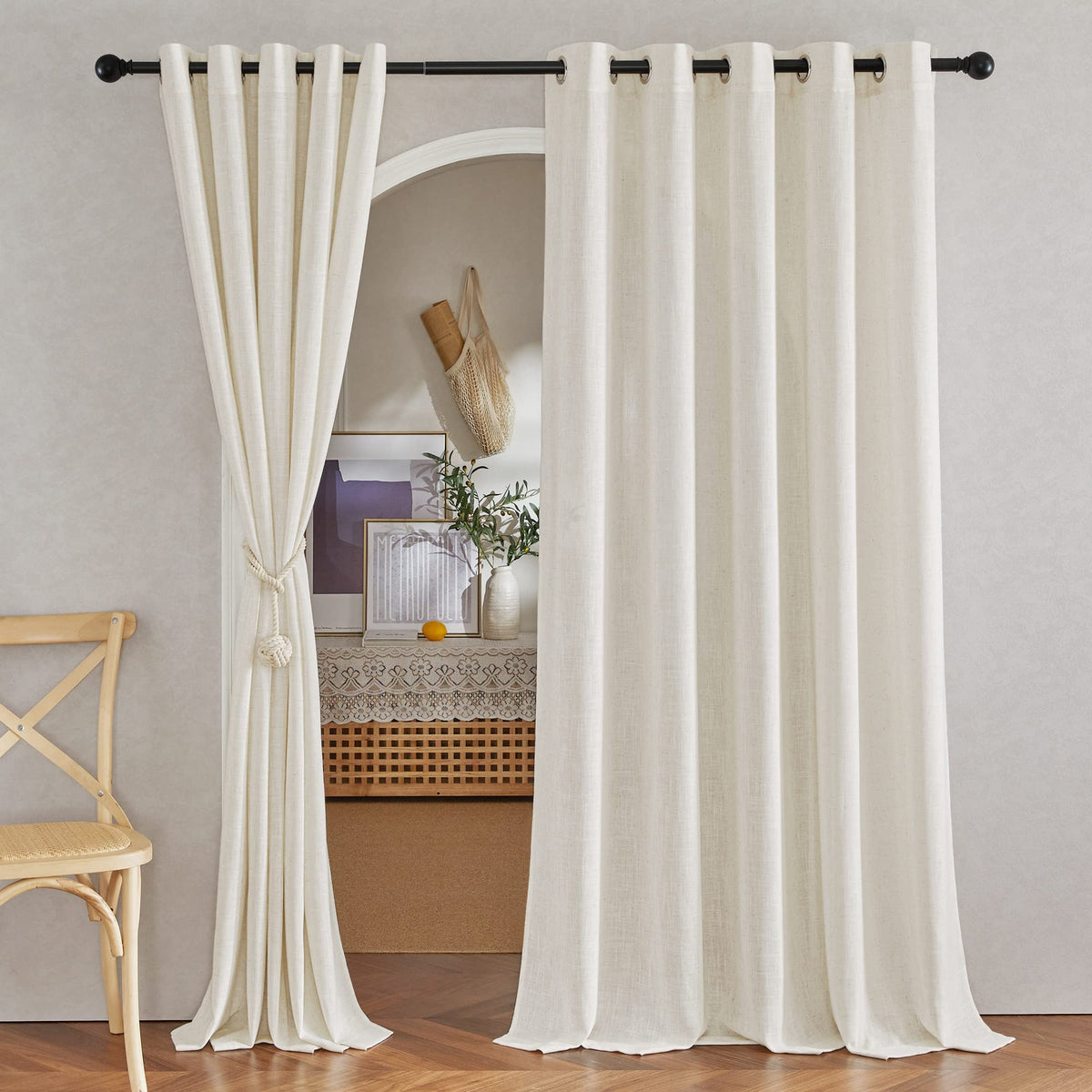 Nicetown Natural Linen Room Divider Curtains For Bedroom, Grommet Flax Linen Burlap Semi Sheer Window Drapes Privacy With Light