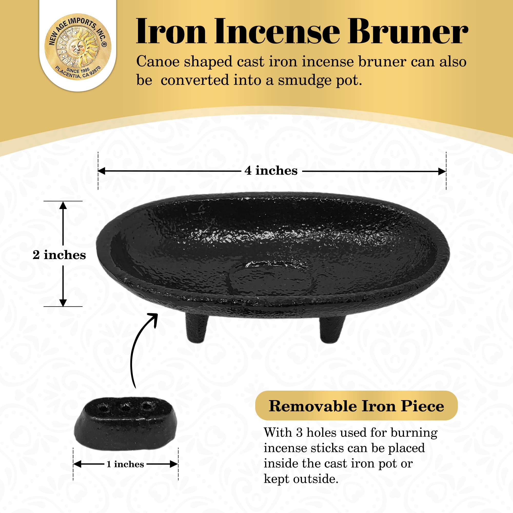 Cast Iron Incense Burner 4' L 2' H, Ideal For Smudging, Incense Burning, Ritual Purpose, Decoration Etc. (4' L)