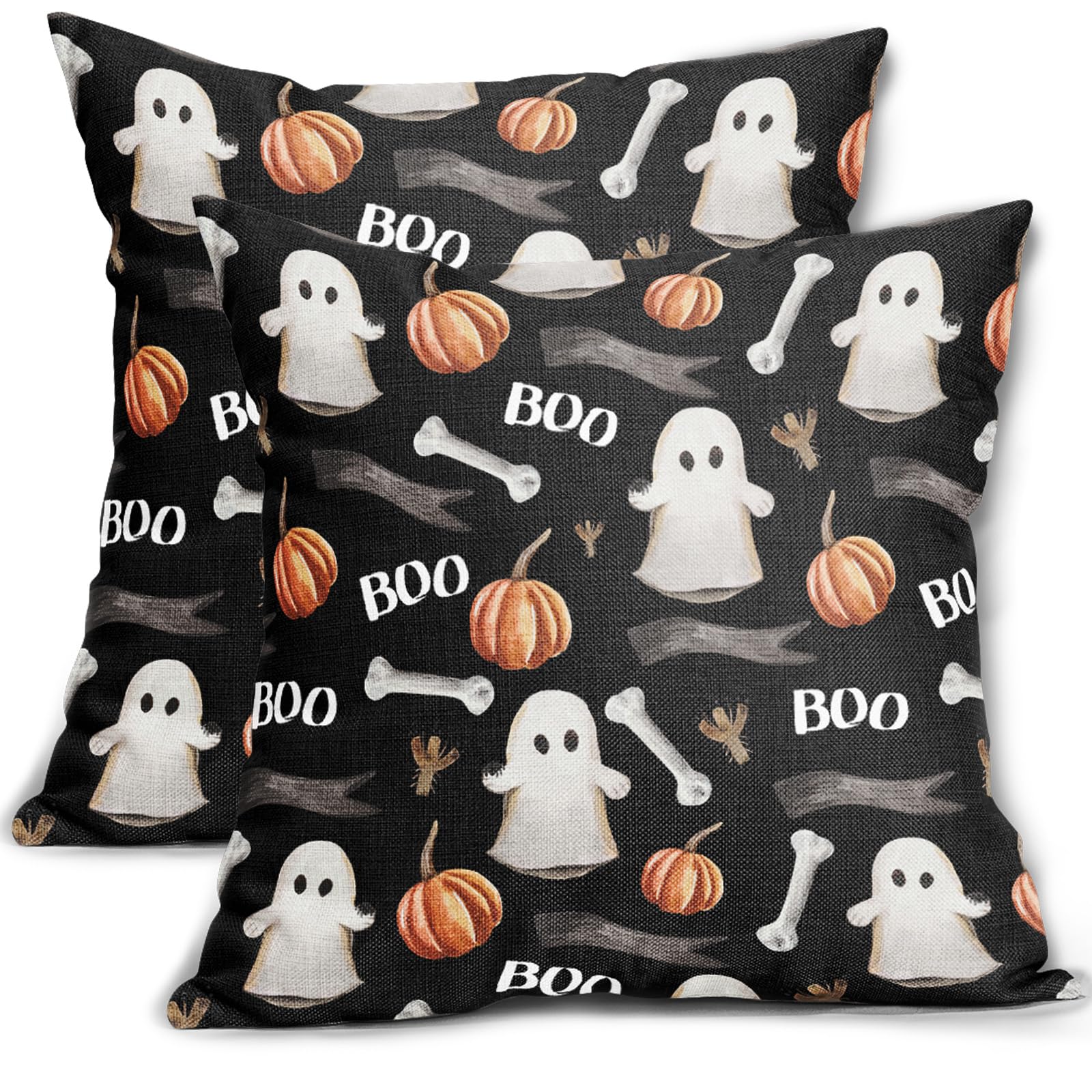 Kawani Halloween Black Pillow Covers 18X18 Inch Boo Cute Ghost Orange Pumpkins Decorative Pillow Cases Set Of 2 Holiday Cotton L