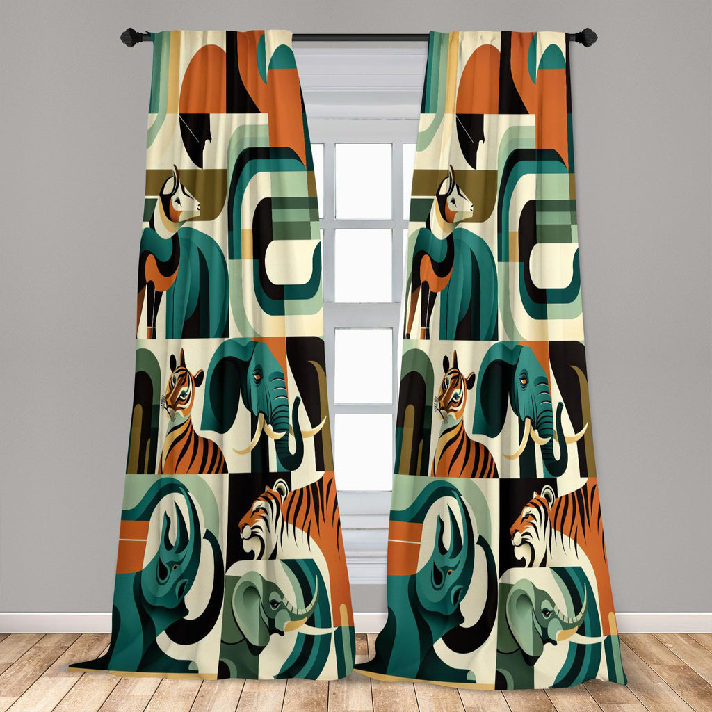 Ambesonne Animals Window Curtains Pack Of 2, Urban Jungle Themed Modern Boho Detail Roundy Fox Elephant Tiger Print, Lightweight
