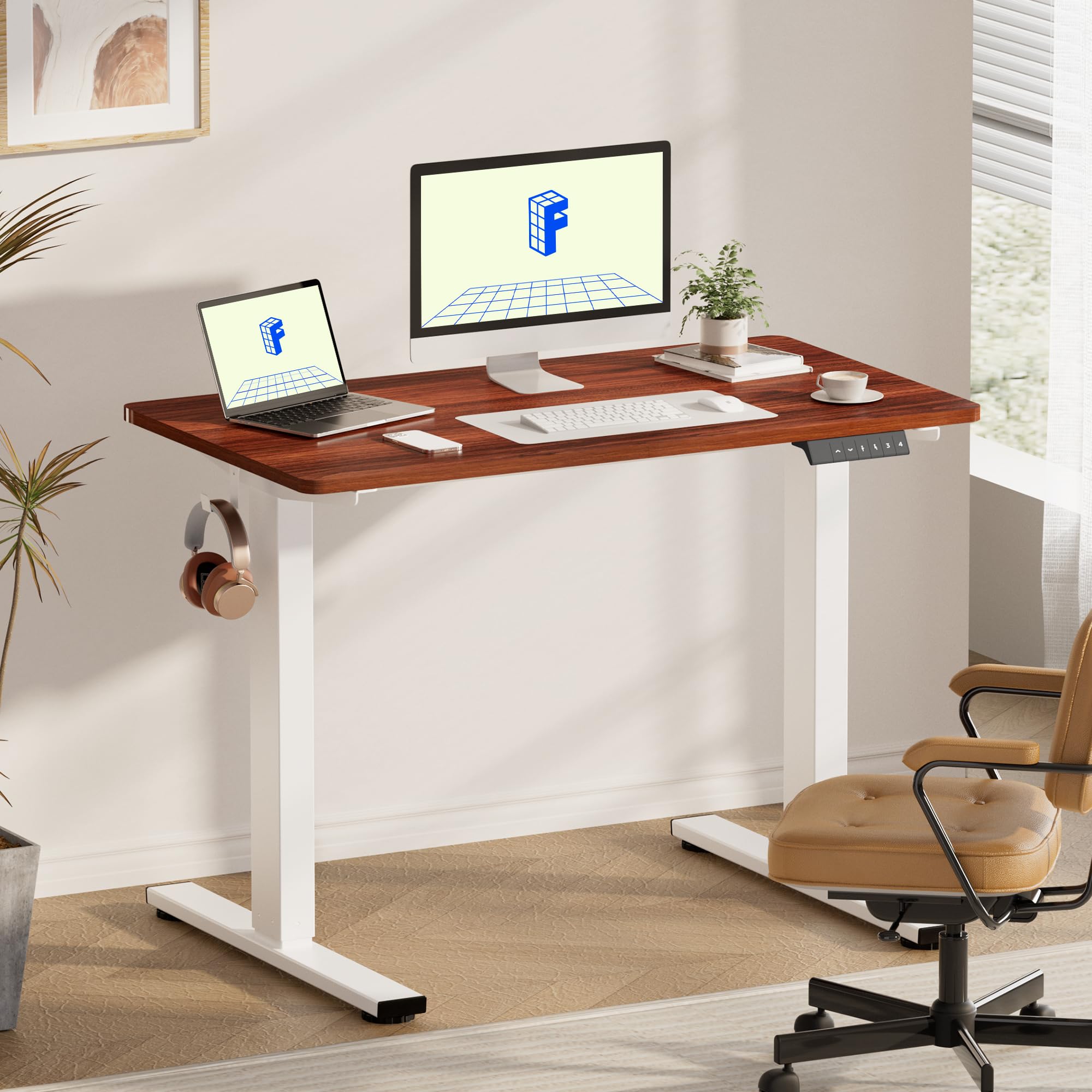 Flexispot En1 One-Piece Electric Standing Desk 48 X 30 Inch Desktop Adjustable Height Desk Home Office Computer Workstation Sit Stand Up Desk (White Frame + 48' Mahogany Top, 2 Packages)
