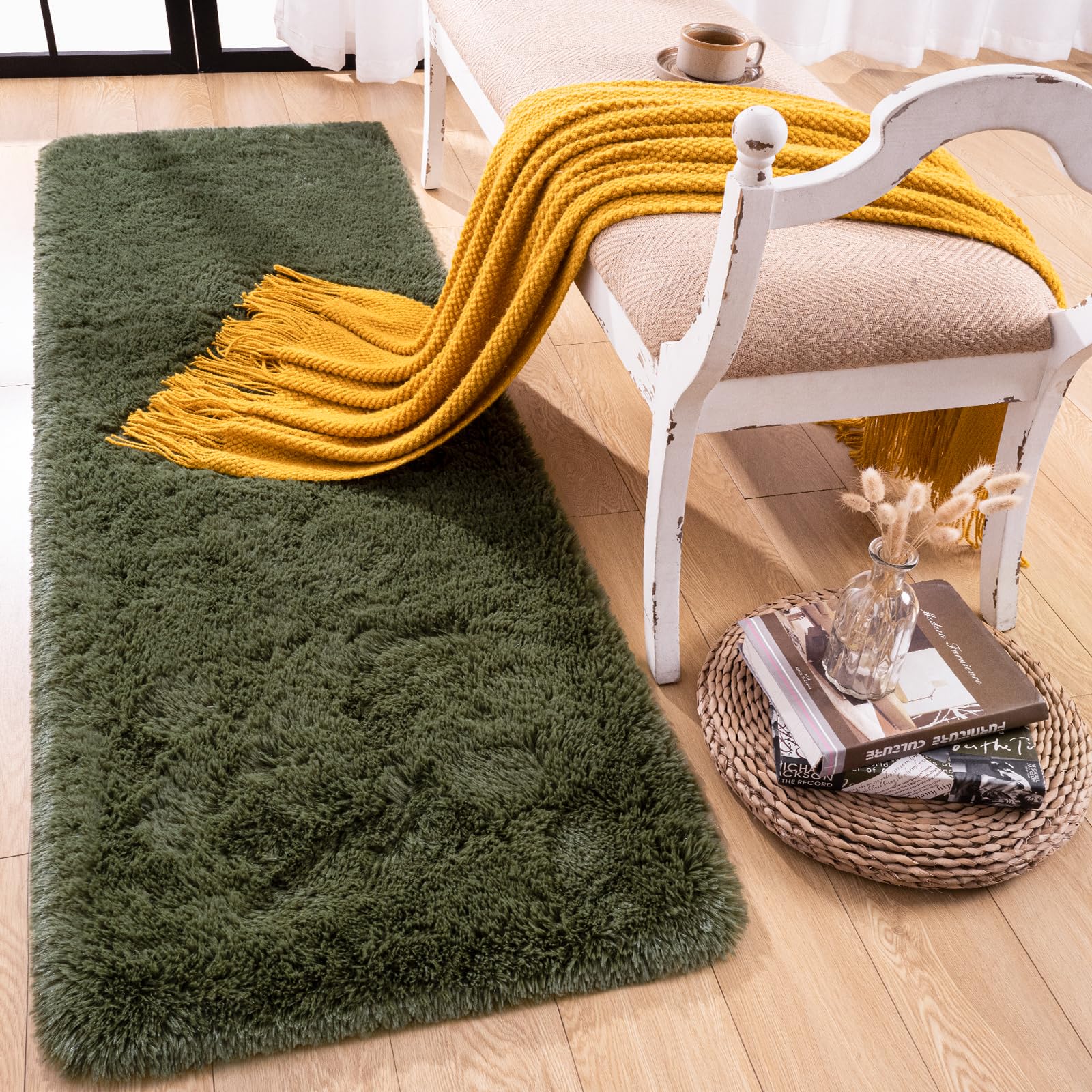 Rtizon Soft Shag Runner Rug for Bedroom, 2x6 Feet Fluffy Rugs with Non-Slip Bottom for Hallway Bedside Living Room Dorm, Furry A