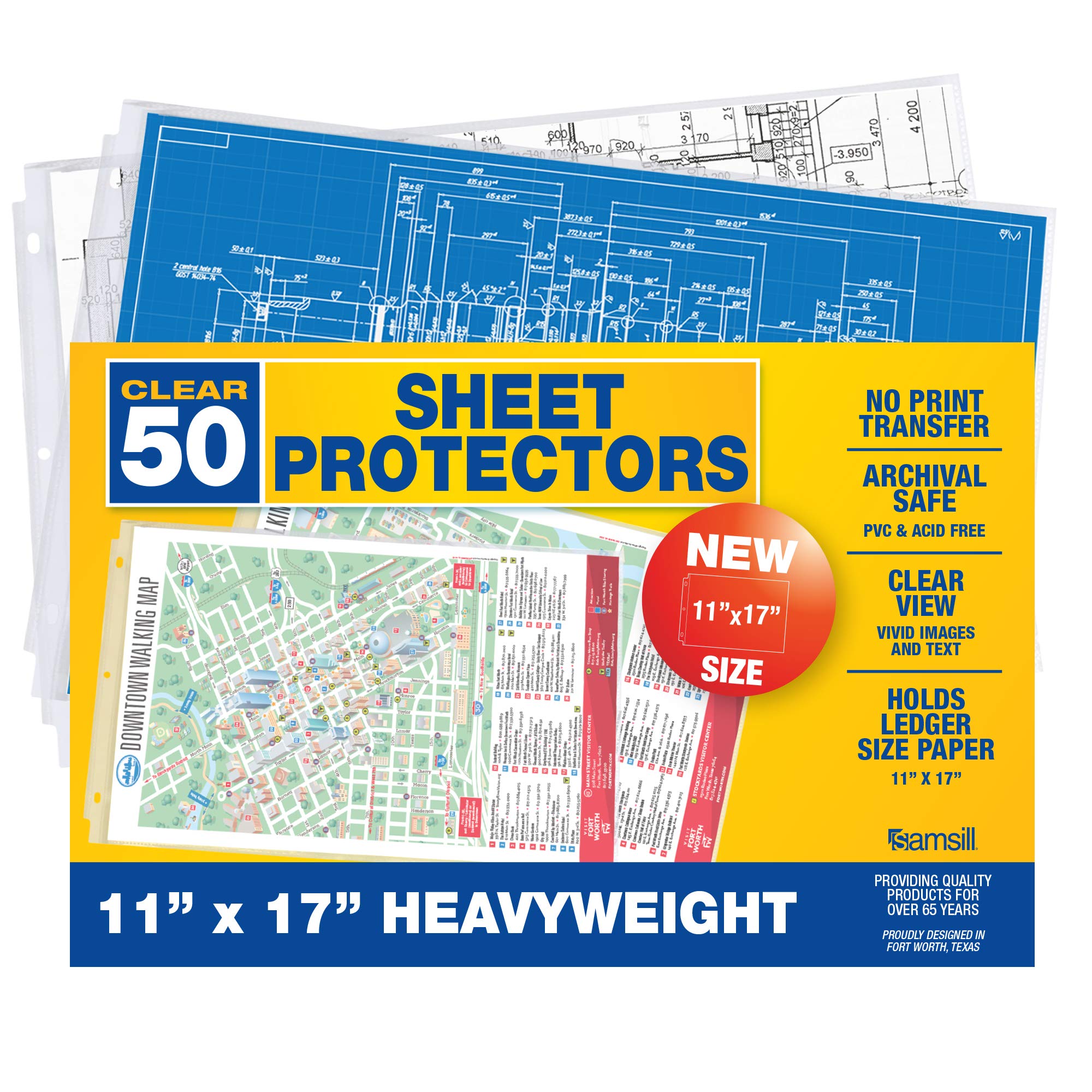 Samsill Heavyweight 50 Pack Sheet Protectors Landscape, 11X17 Ledger Size Clear Plastic Page Protectors For 3 Ring Binder, Overs